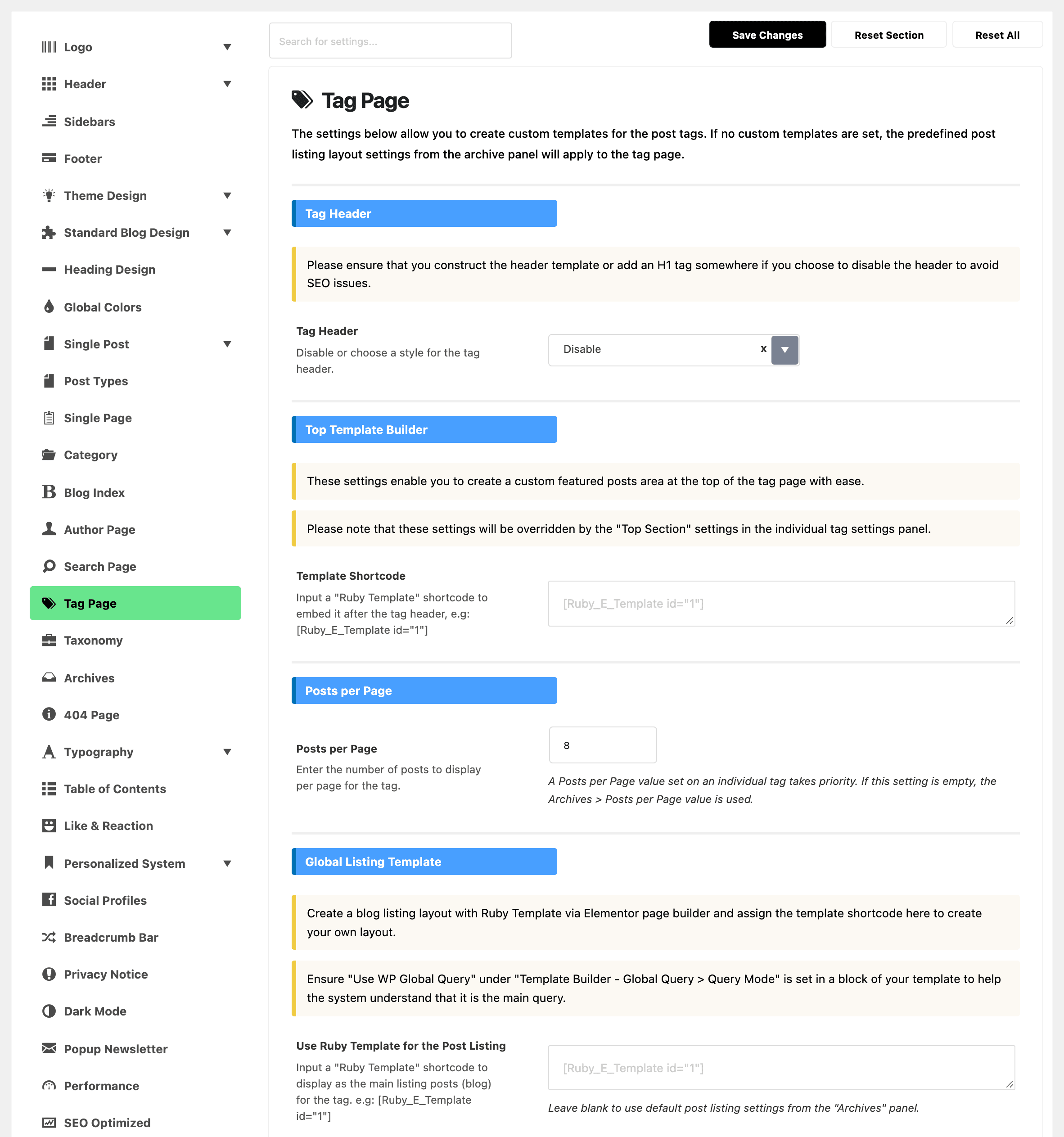 Theme Options with Tag Page highlighted in the section list, beside the whole Tag Page panel: Tag Header on Disable, Template Shortcode empty, Posts per Page 8 and Use Ruby Template for the Post Listing empty