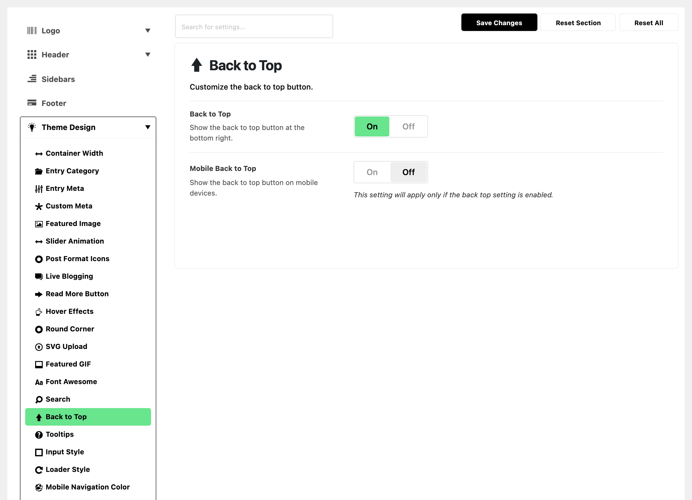 Theme Options with Theme Design expanded in the section list and Back to Top highlighted, beside the Back to Top panel: Back to Top on and Mobile Back to Top off