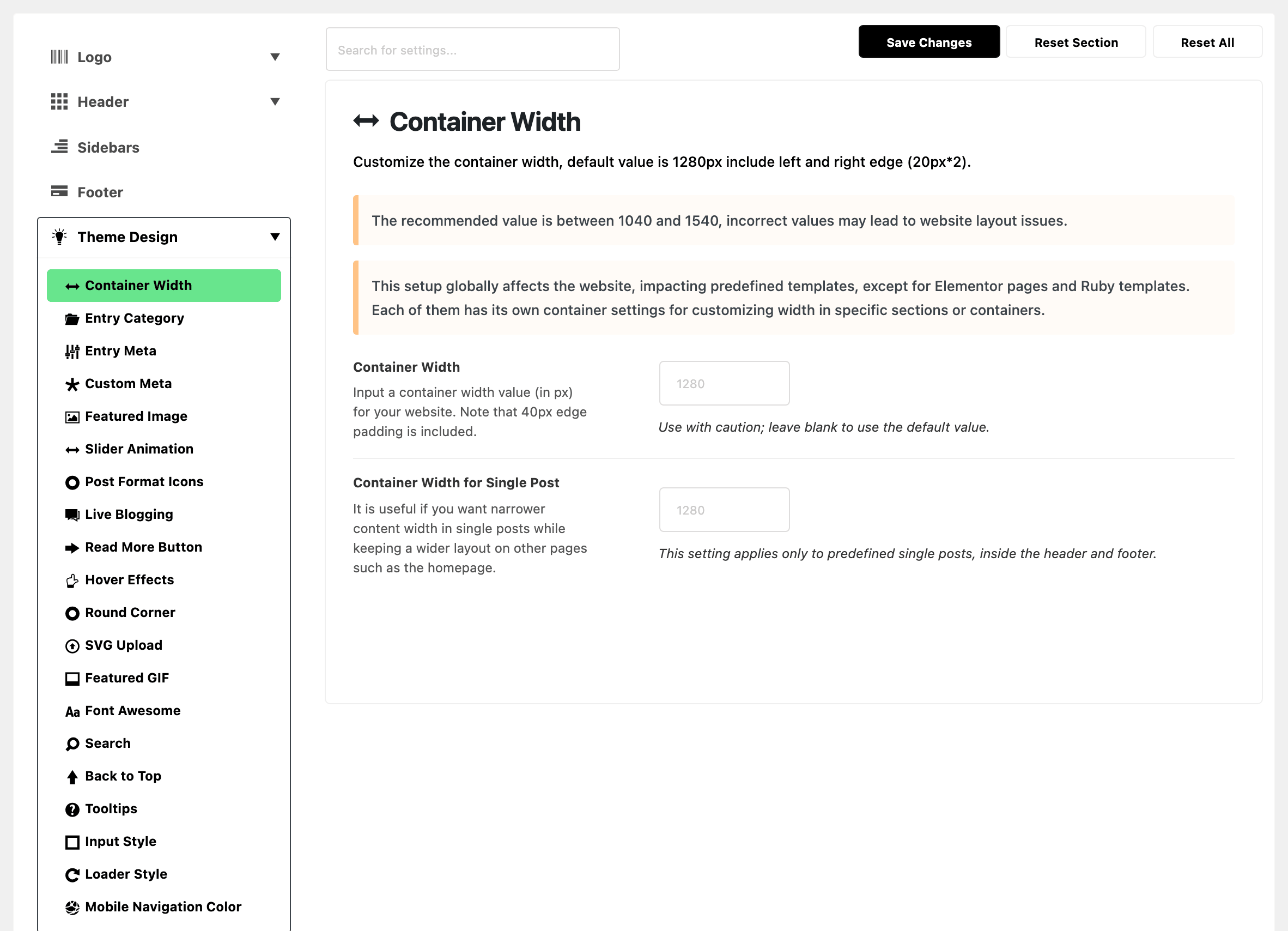Theme Options with Theme Design expanded in the section list and Container Width highlighted, beside the Container Width panel: its two notes, then Container Width and Container Width for Single Post, both blank