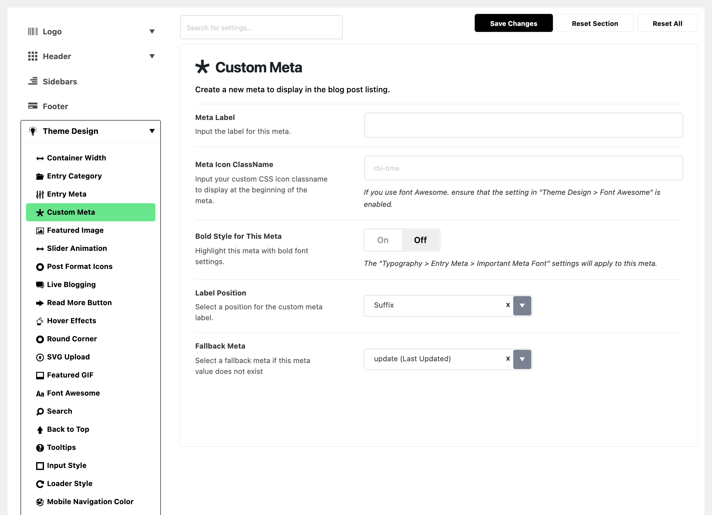 Theme Options with Theme Design expanded in the section list and Custom Meta highlighted, beside the Custom Meta panel: Meta Label and Meta Icon ClassName empty, Bold Style for This Meta off, Label Position on Suffix and Fallback Meta on update (Last Updated)