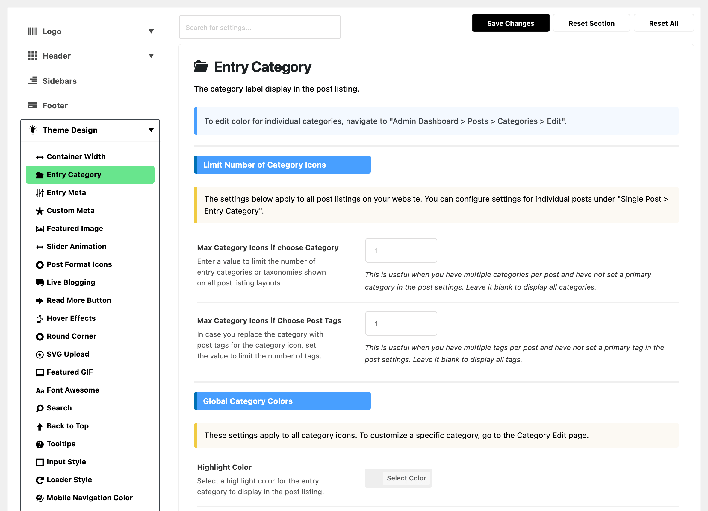 Theme Options with Theme Design expanded in the section list and Entry Category highlighted, beside the Entry Category panel: the Limit Number of Category Icons group with Max Category Icons if choose Category blank and Max Category Icons if Choose Post Tags at 1, then the Global Category Colors group with Highlight Color blank