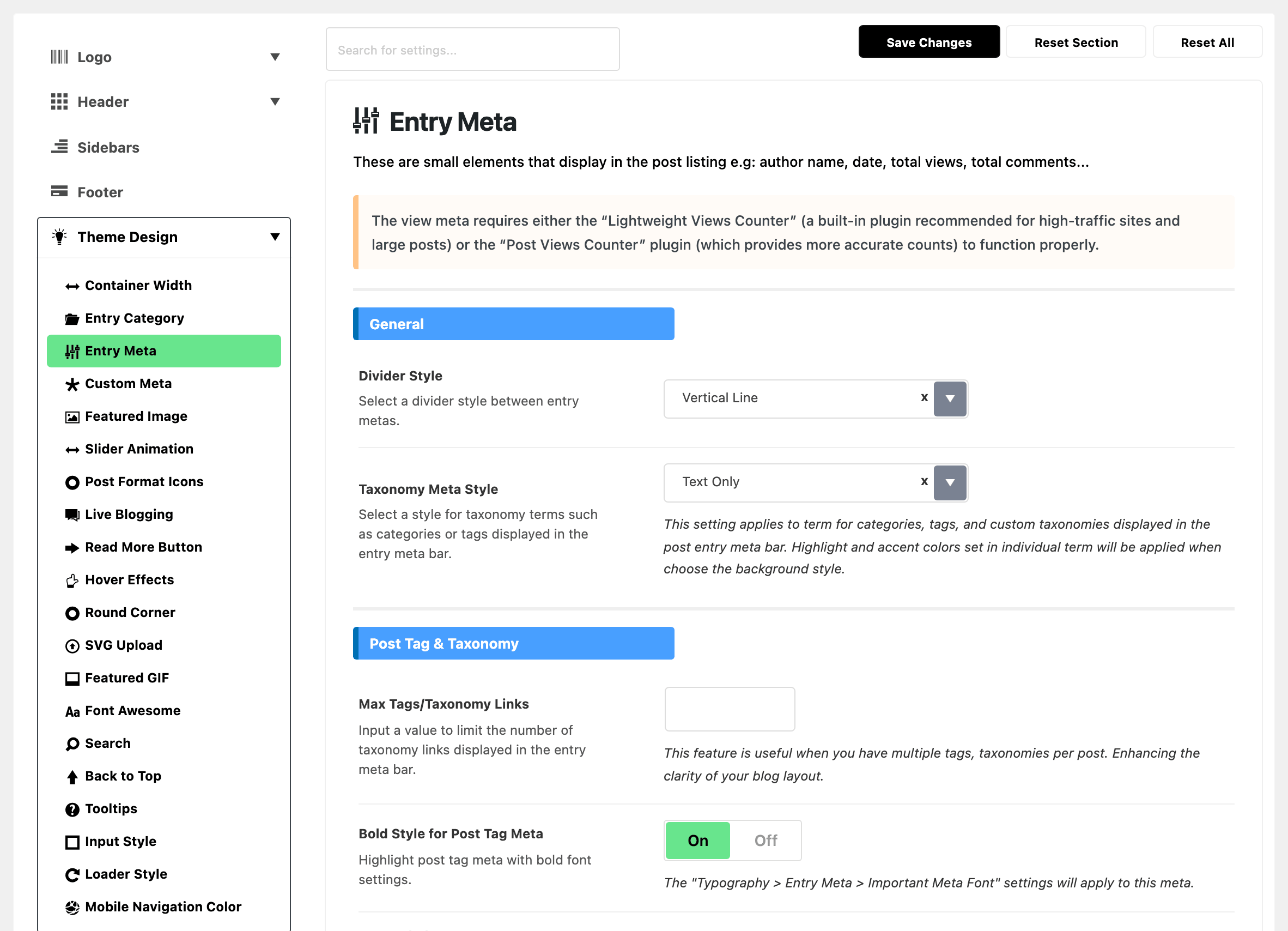 Theme Options with Theme Design expanded in the section list and Entry Meta highlighted, beside the Entry Meta panel: the view meta note, the General group with Divider Style on Vertical Line and Taxonomy Meta Style on Text Only, then the Post Tag & Taxonomy group with Max Tags/Taxonomy Links blank and Bold Style for Post Tag Meta on