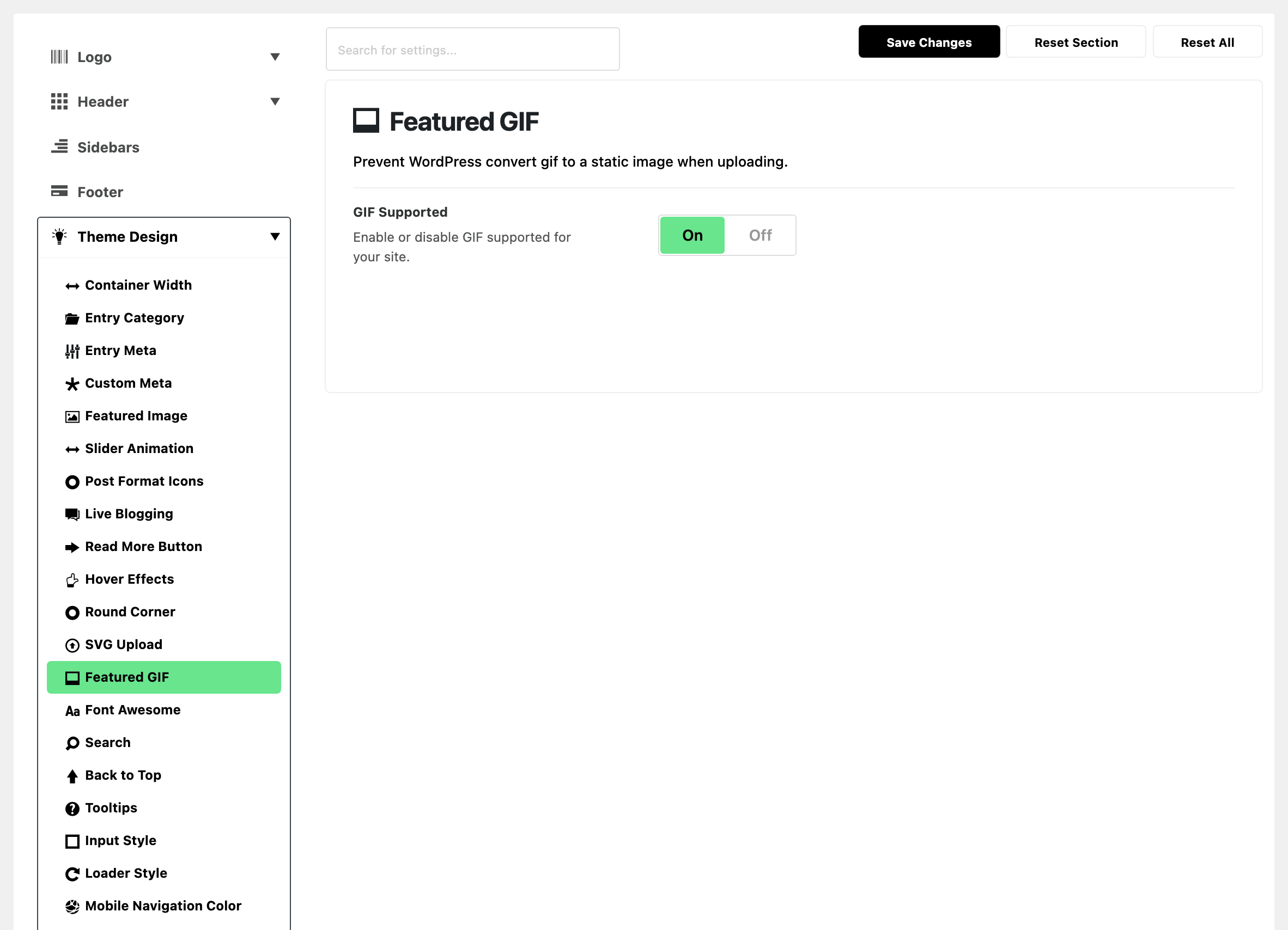 Theme Options with Theme Design expanded in the section list and Featured GIF highlighted, beside the Featured GIF panel: the GIF Supported switch, on