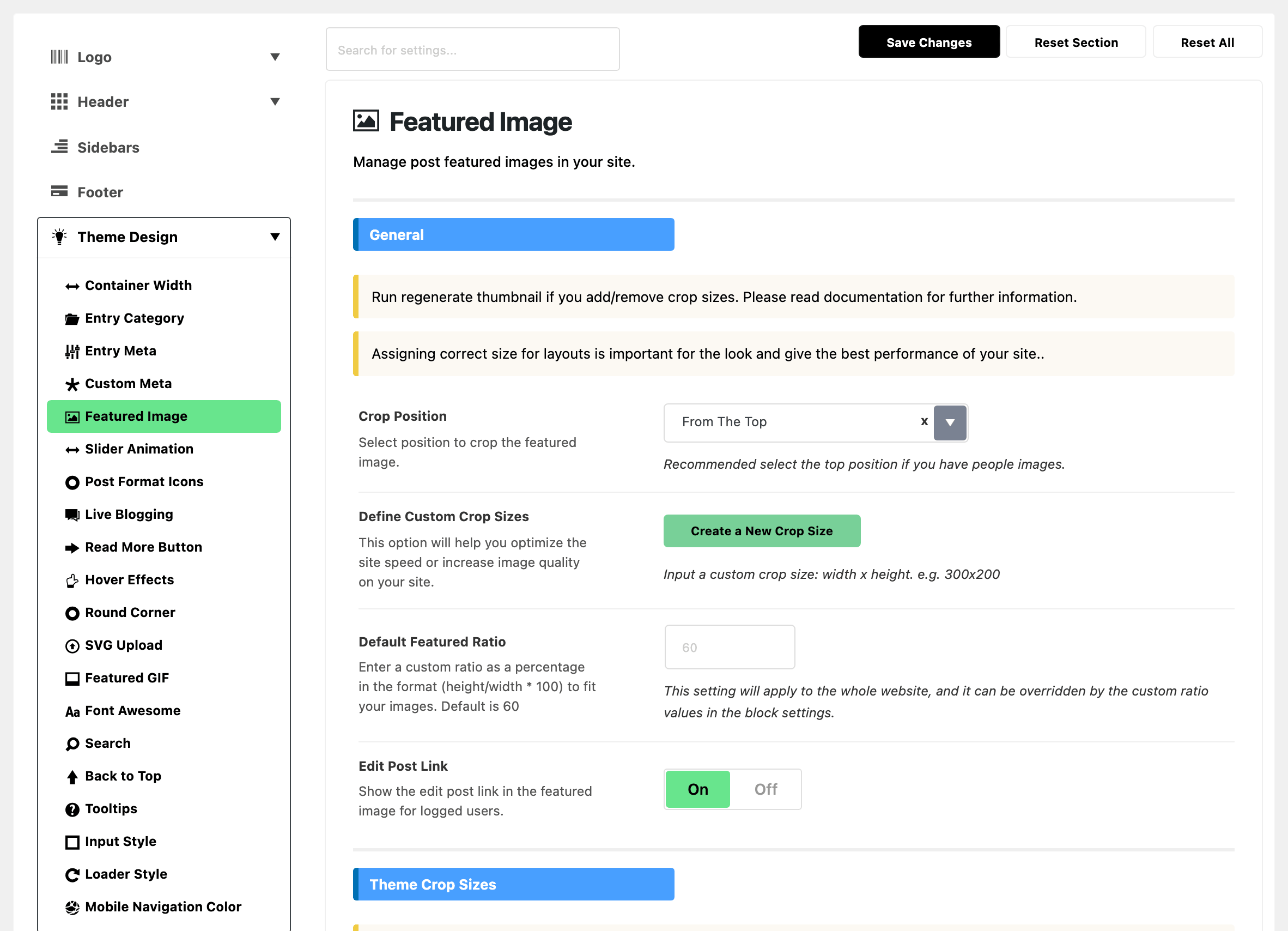 Theme Options with Theme Design expanded in the section list and Featured Image highlighted, beside the Featured Image panel: the General group with Crop Position on From The Top, the Create a New Crop Size button, Default Featured Ratio blank and Edit Post Link on, then the Theme Crop Sizes heading