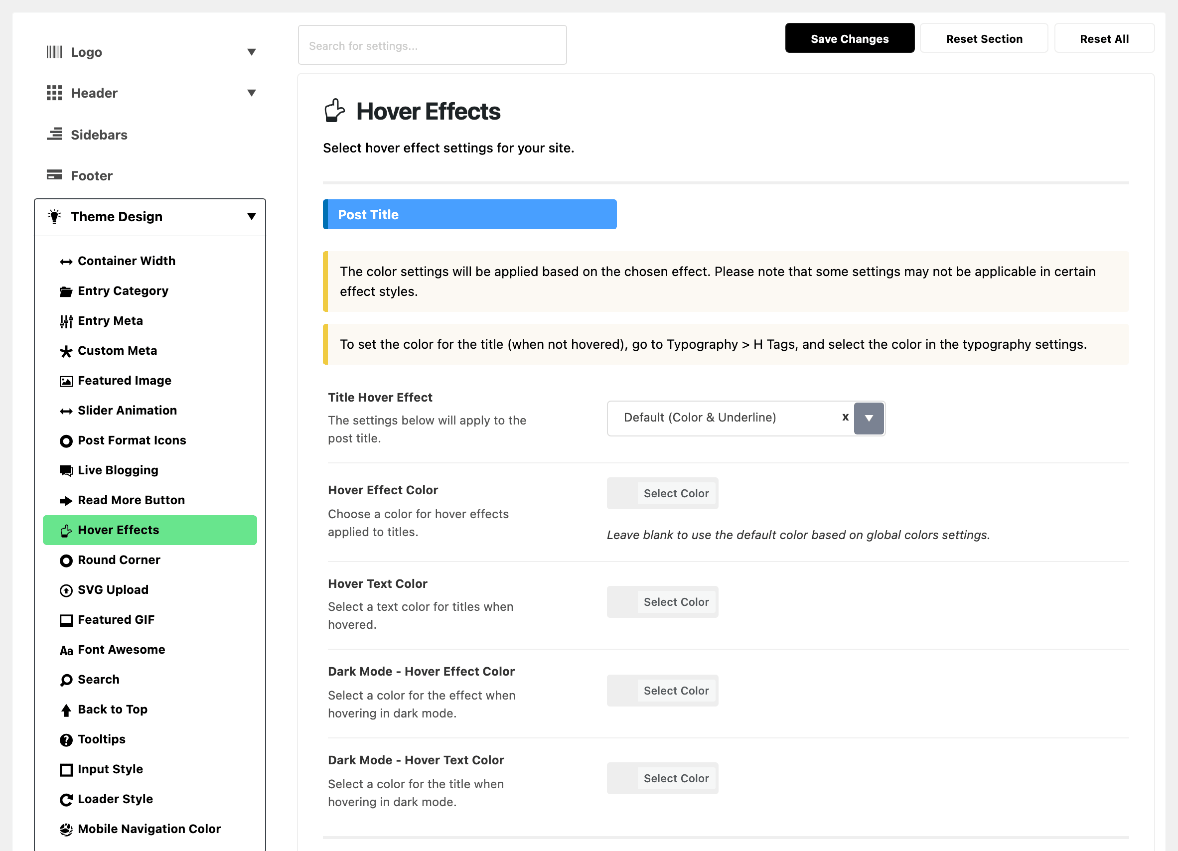 Theme Options with Theme Design expanded in the section list and Hover Effects highlighted, beside the Hover Effects panel: the Post Title group with Title Hover Effect on Default (Color & Underline) and its four colour fields blank