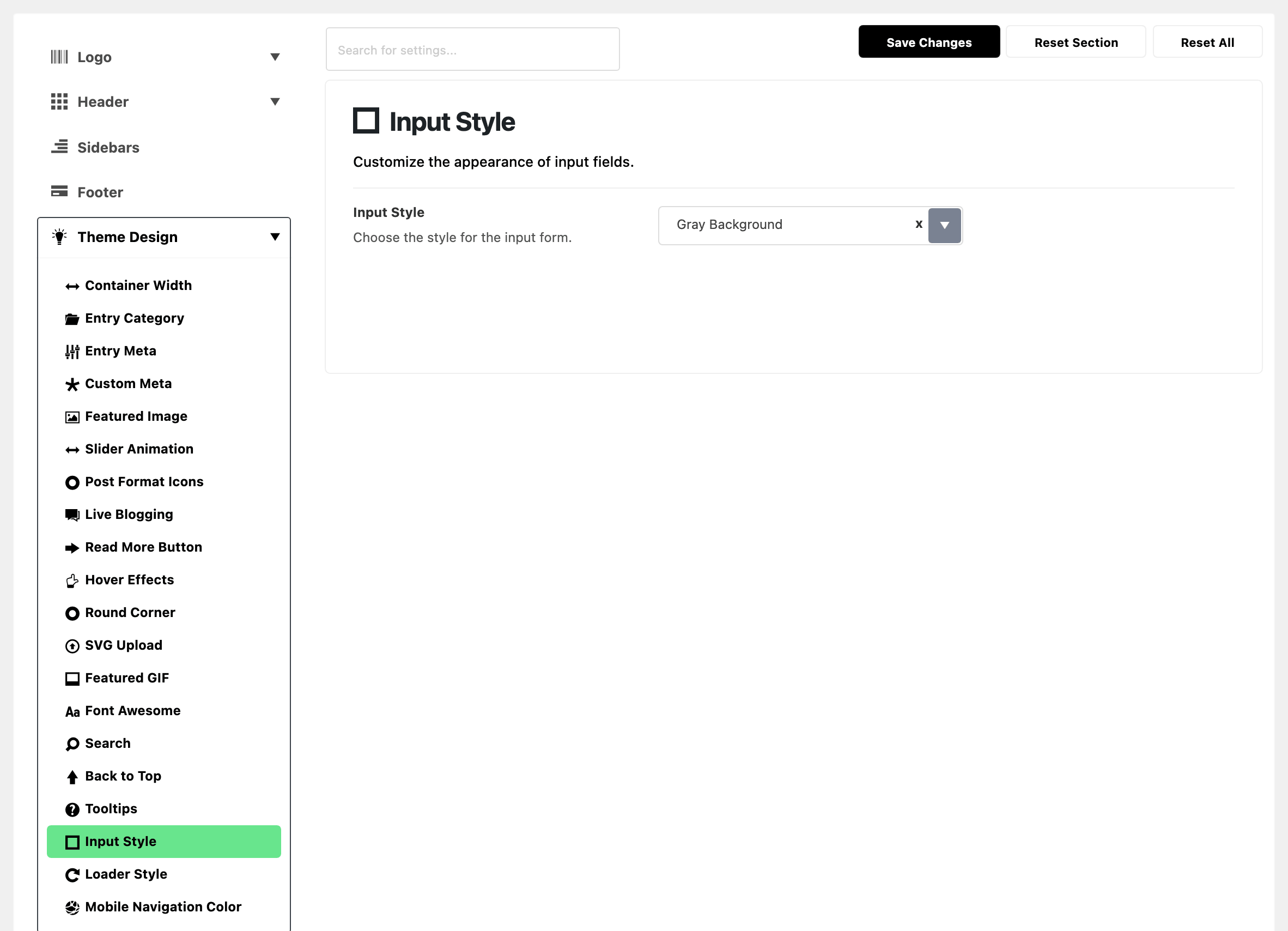Theme Options with Theme Design expanded in the section list and Input Style highlighted, beside the Input Style panel: Input Style on Gray Background