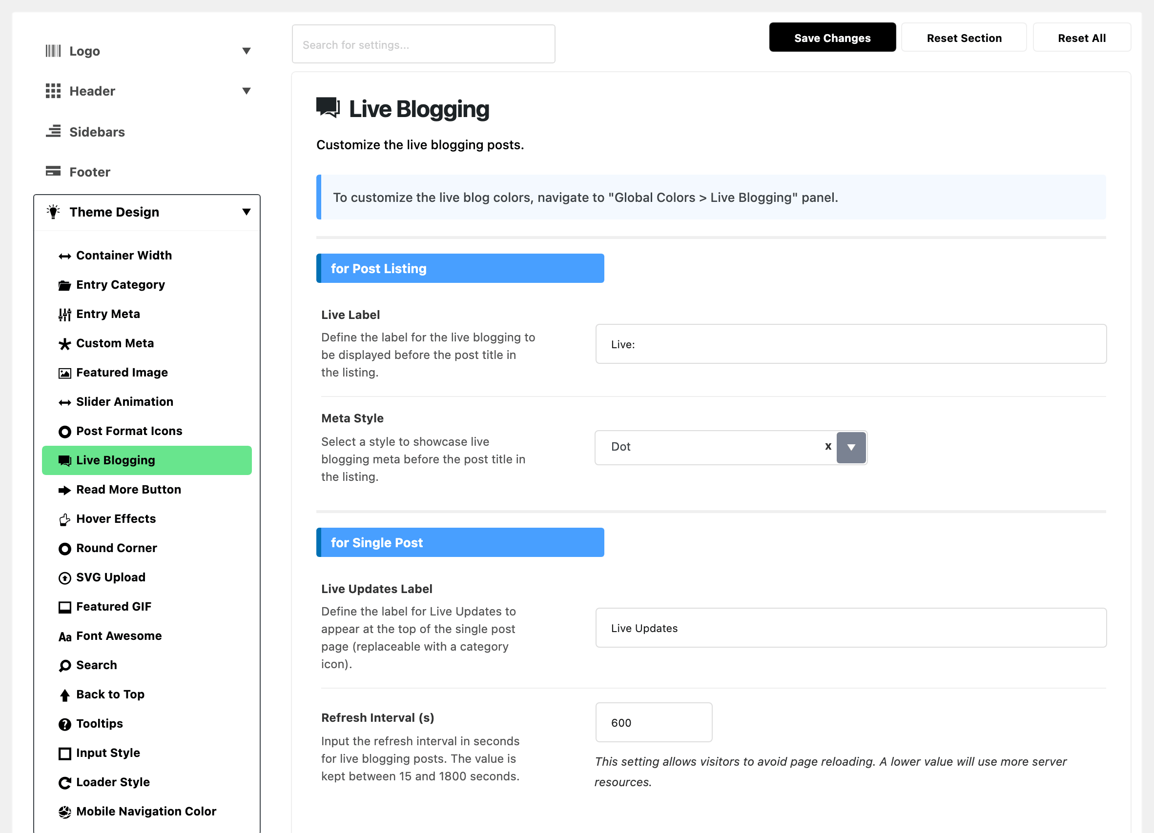 Theme Options with Theme Design expanded in the section list and Live Blogging highlighted, beside the Live Blogging panel: Live Label holding Live: and Meta Style on Dot for post listings, then Live Updates Label holding Live Updates and Refresh Interval (s) at 600 for the single post, its help text saying the value is kept between 15 and 1800 seconds