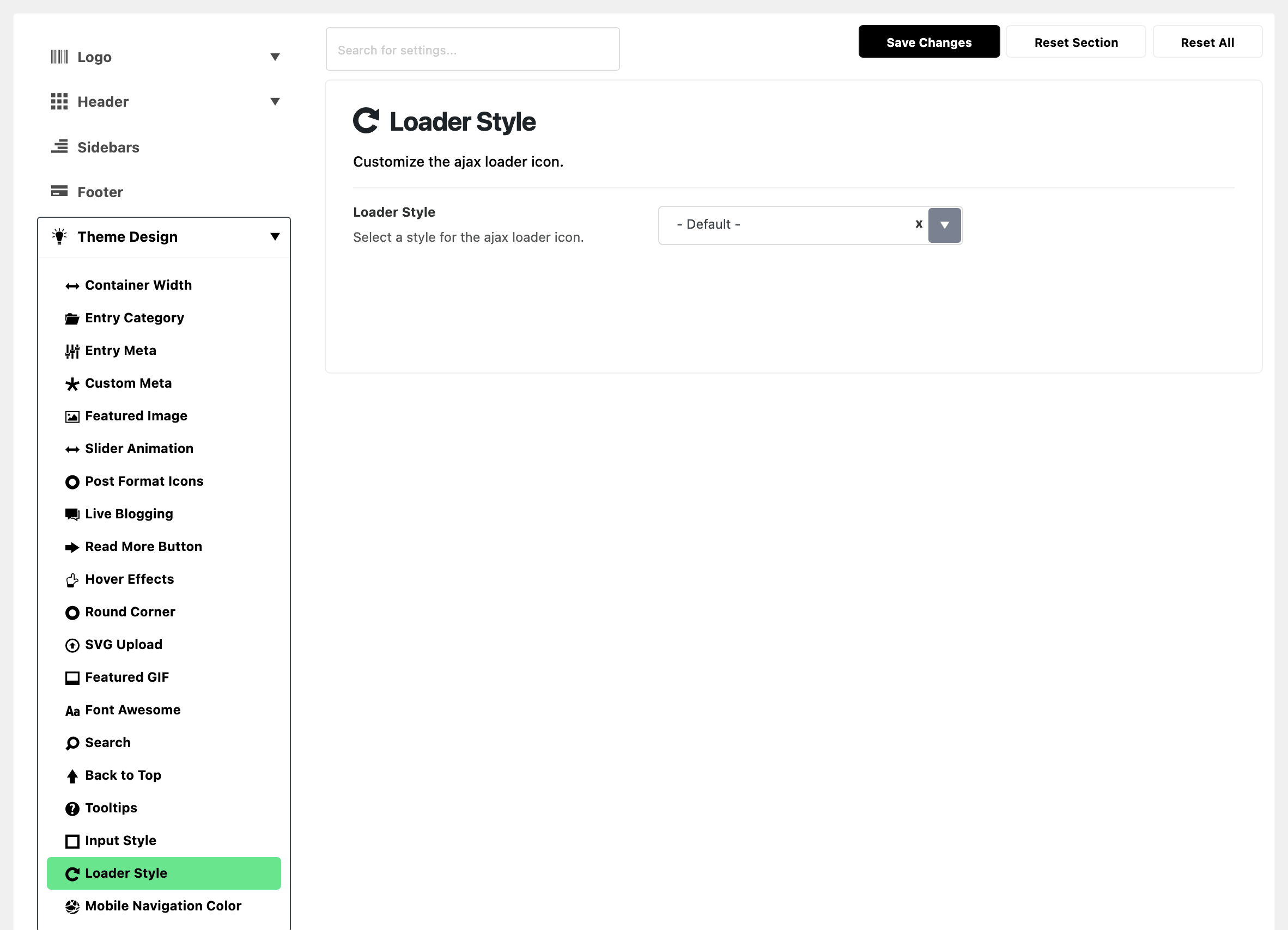 Theme Options with Theme Design expanded in the section list and Loader Style highlighted, beside the Loader Style panel: Loader Style on - Default -
