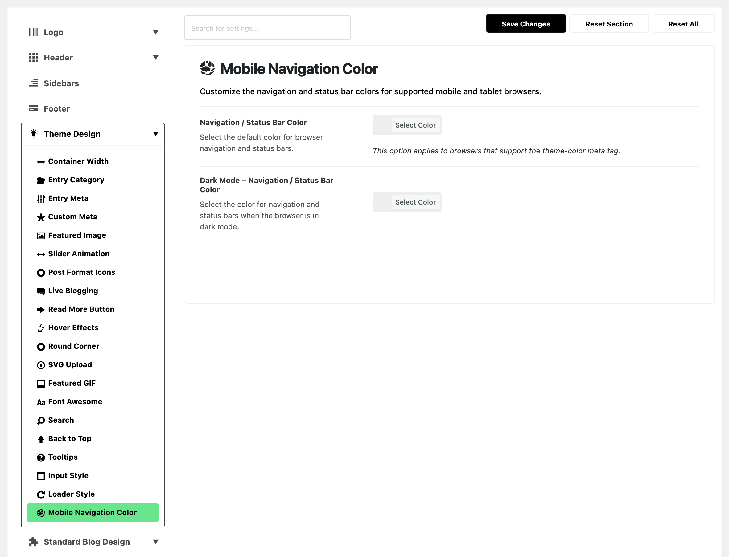 Theme Options with Theme Design expanded in the section list and Mobile Navigation Color highlighted, beside the Mobile Navigation Color panel: Navigation / Status Bar Color and its dark mode counterpart, both blank