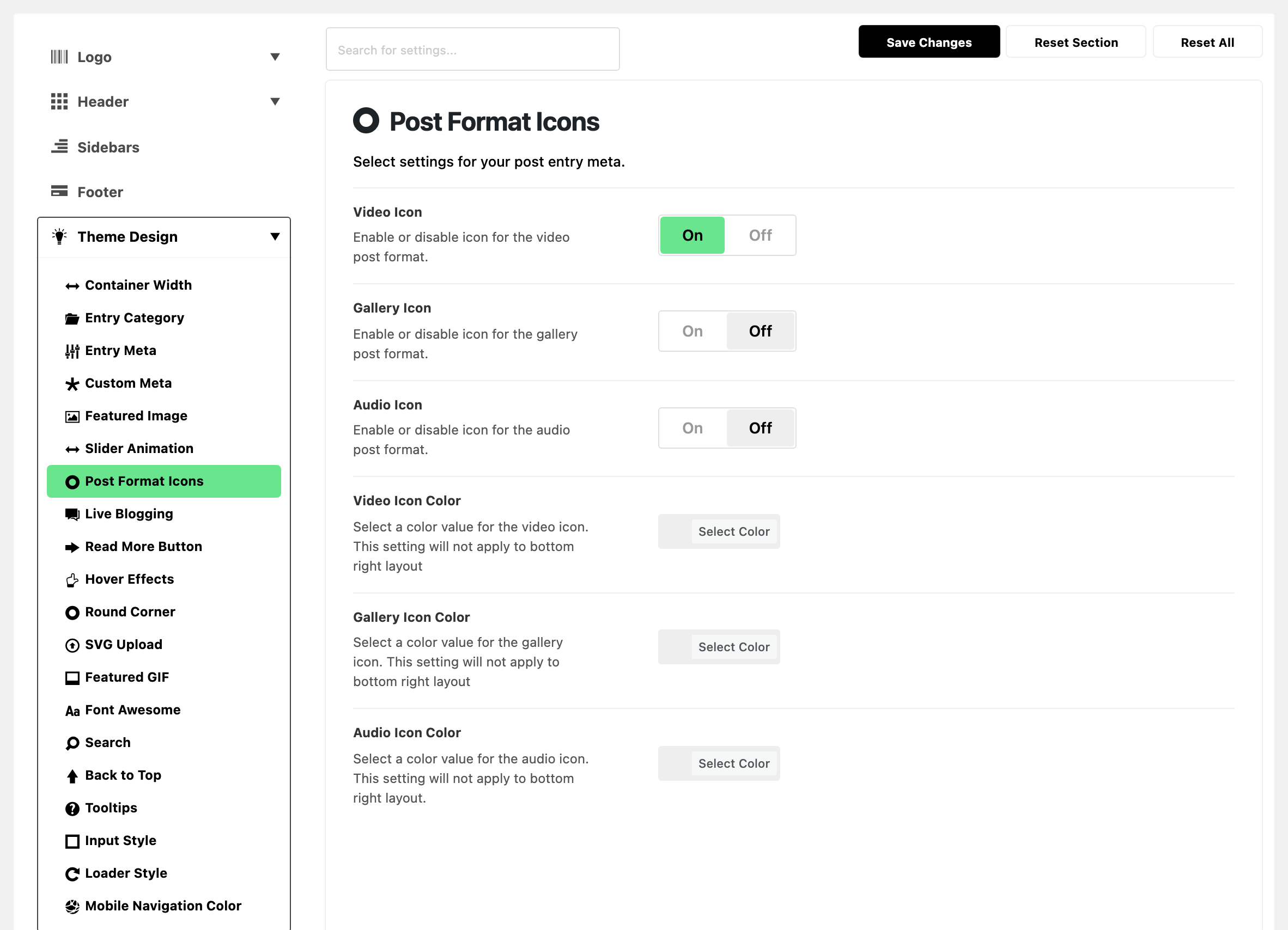 Theme Options with Theme Design expanded in the section list and Post Format Icons highlighted, beside the Post Format Icons panel: Video Icon on, Gallery Icon and Audio Icon off, and the three icon colour fields blank