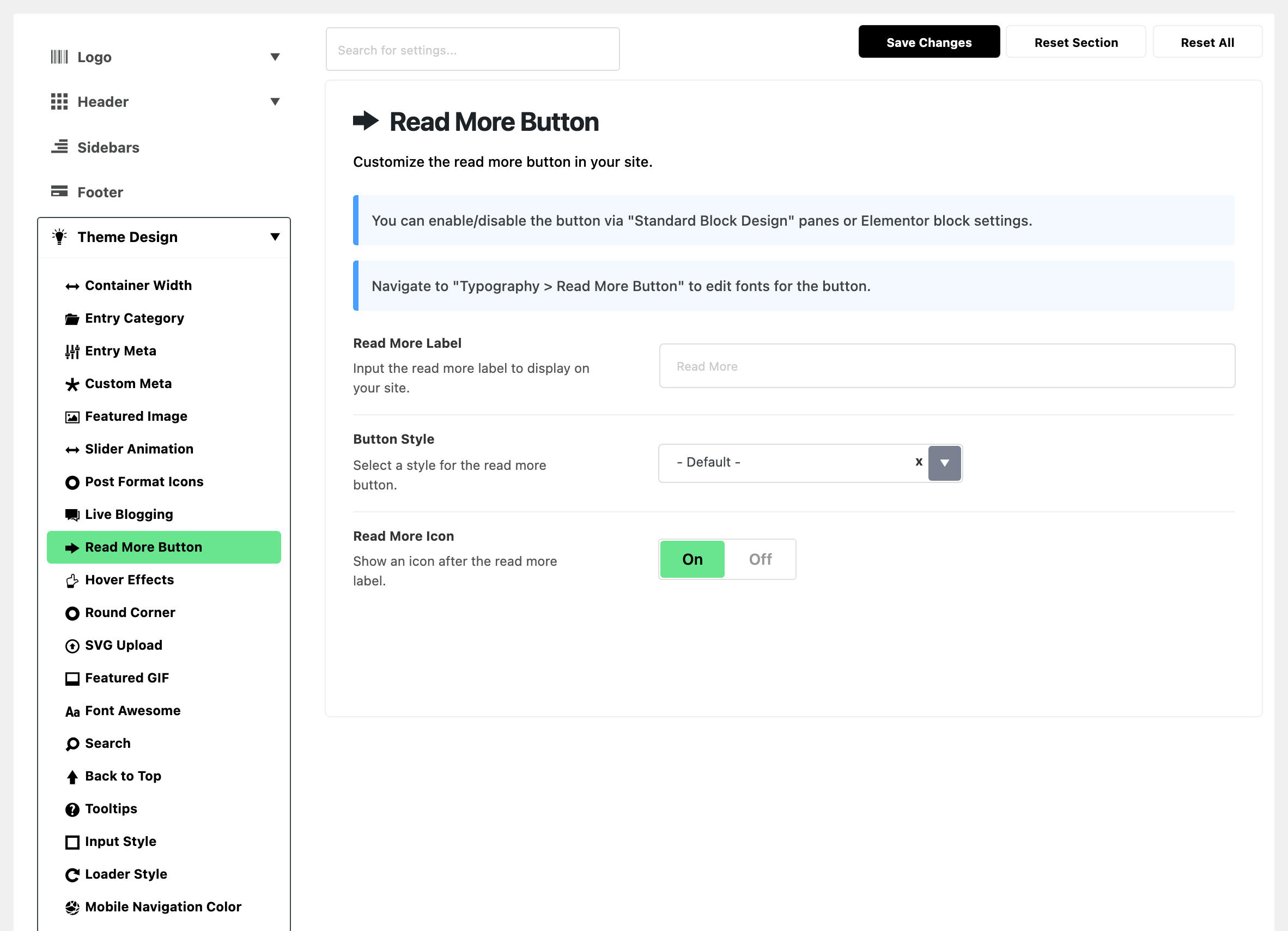 Theme Options with Theme Design expanded in the section list and Read More Button highlighted, beside the Read More Button panel: two notes, then Read More Label blank, Button Style on - Default - and Read More Icon on