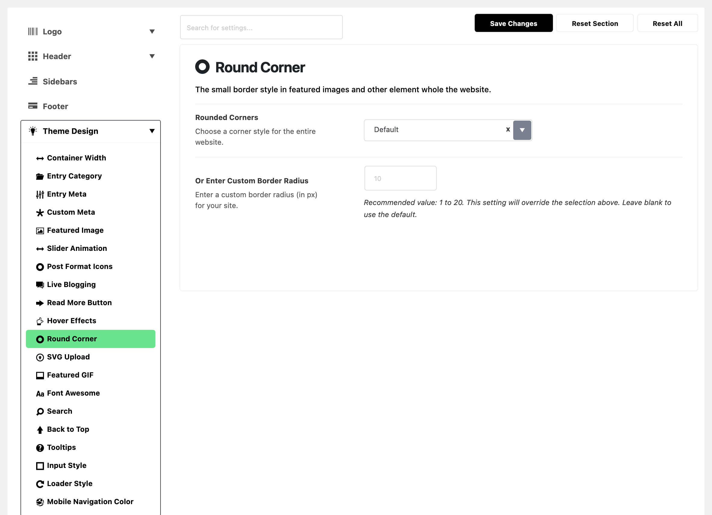 Theme Options with Theme Design expanded in the section list and Round Corner highlighted, beside the Round Corner panel: Rounded Corners on Default and Or Enter Custom Border Radius blank