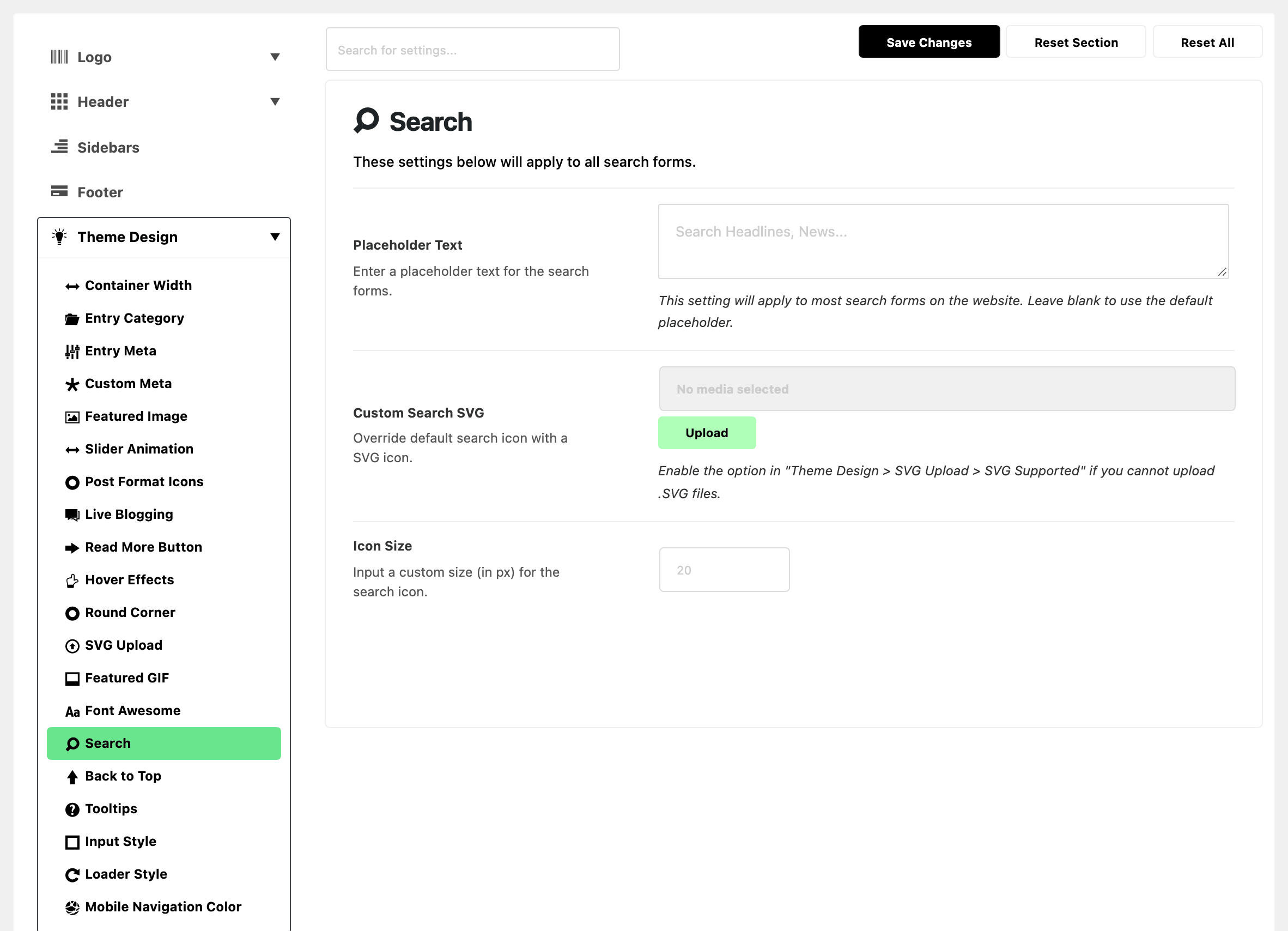 Theme Options with Theme Design expanded in the section list and Search highlighted, beside the Search panel: Placeholder Text blank, Custom Search SVG empty and Icon Size blank
