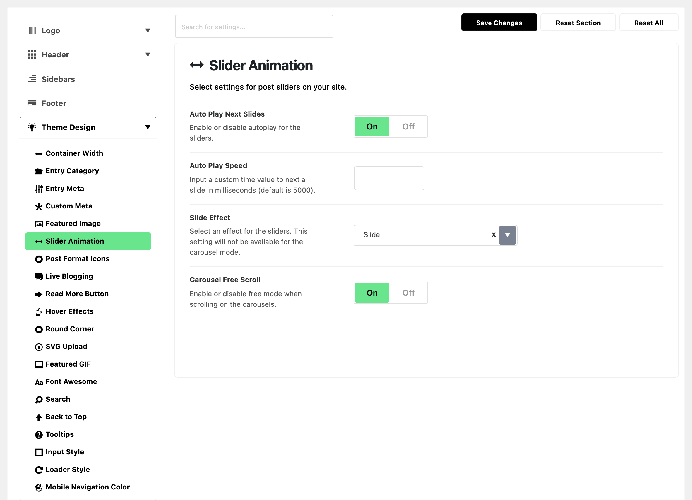 Theme Options with Theme Design expanded in the section list and Slider Animation highlighted, beside the Slider Animation panel: Auto Play Next Slides on, Auto Play Speed blank, Slide Effect on Slide and Carousel Free Scroll on
