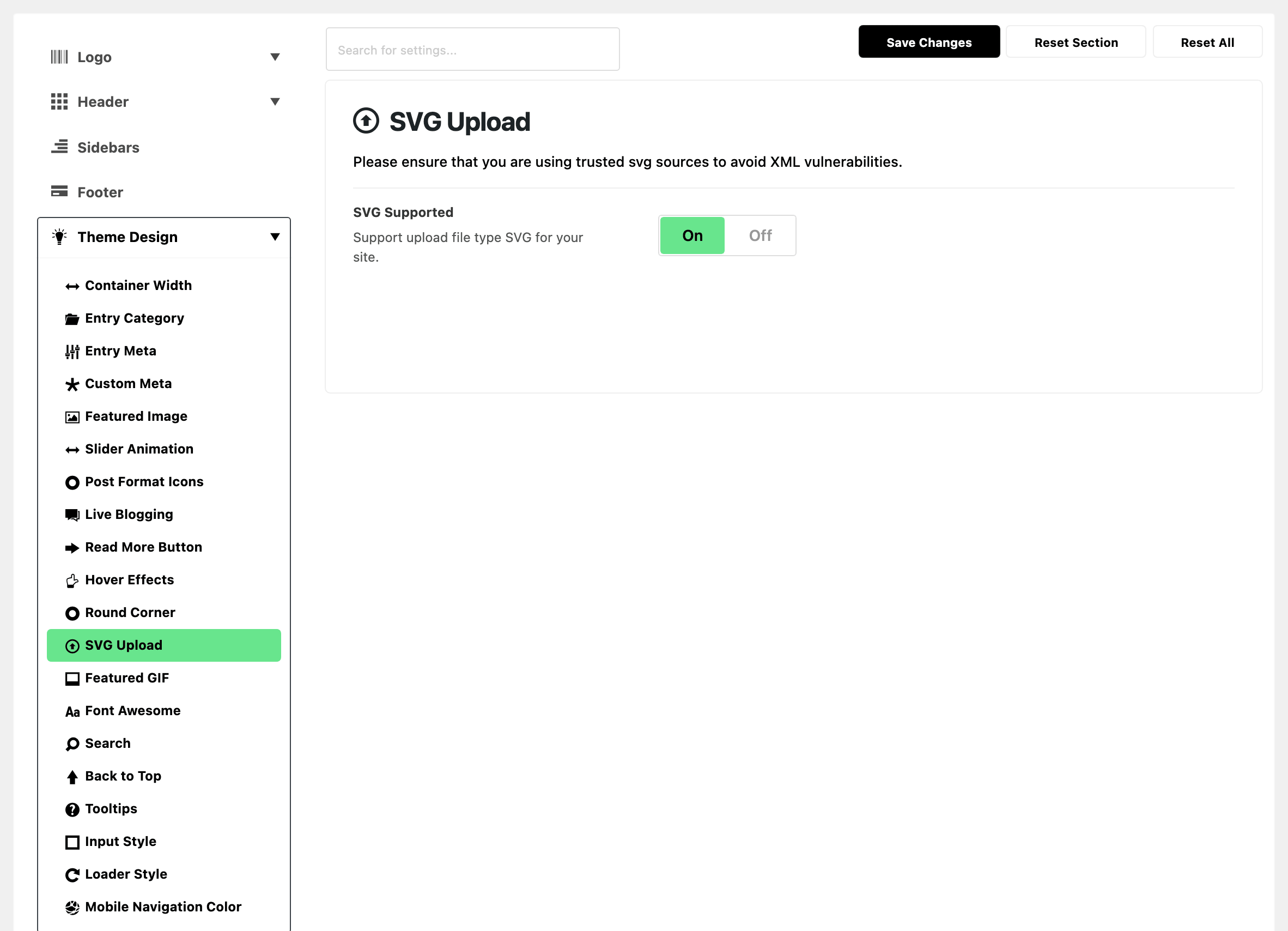 Theme Options with Theme Design expanded in the section list and SVG Upload highlighted, beside the SVG Upload panel: the SVG Supported switch, on