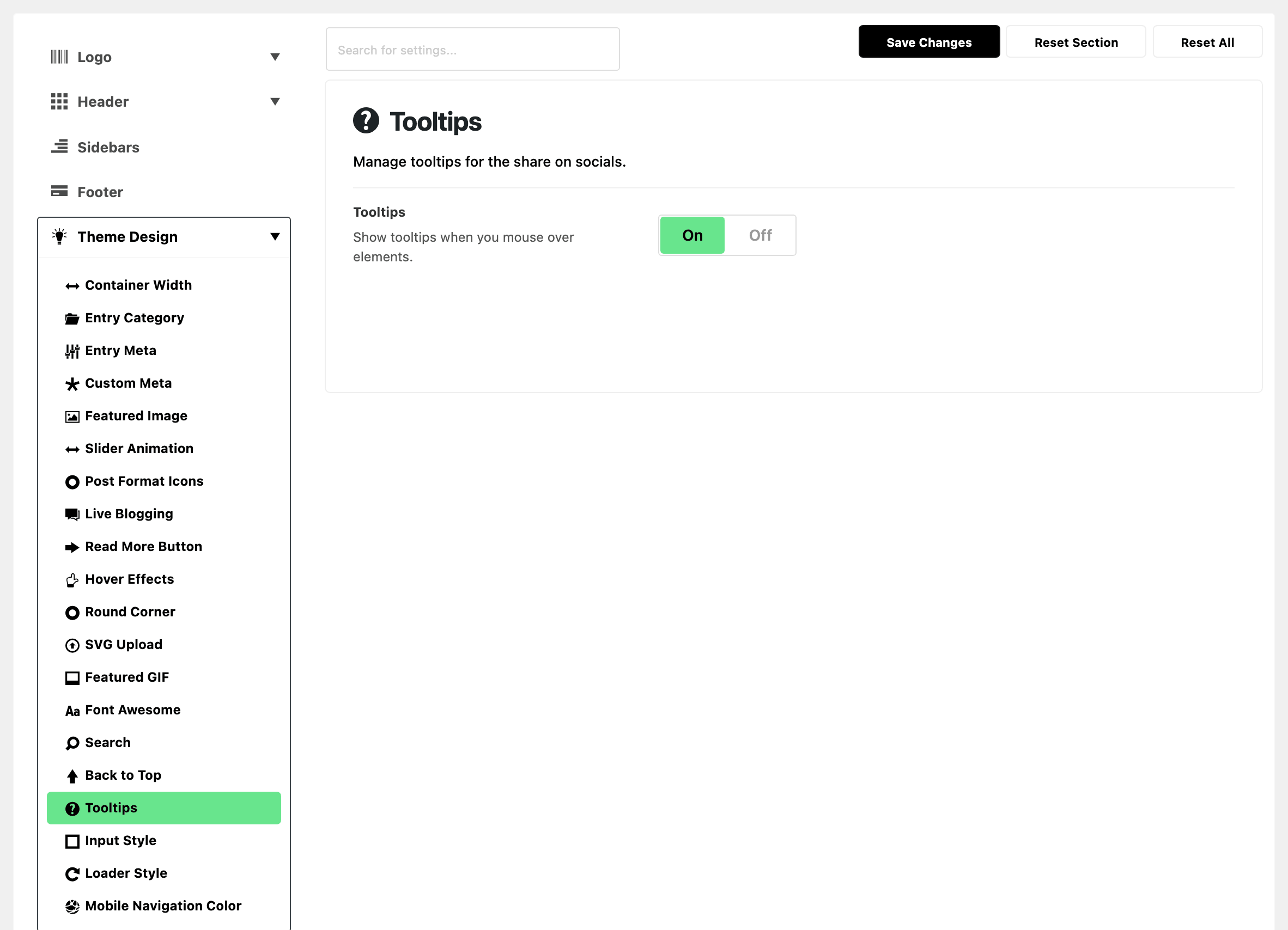 Theme Options with Theme Design expanded in the section list and Tooltips highlighted, beside the Tooltips panel: the Tooltips switch, on