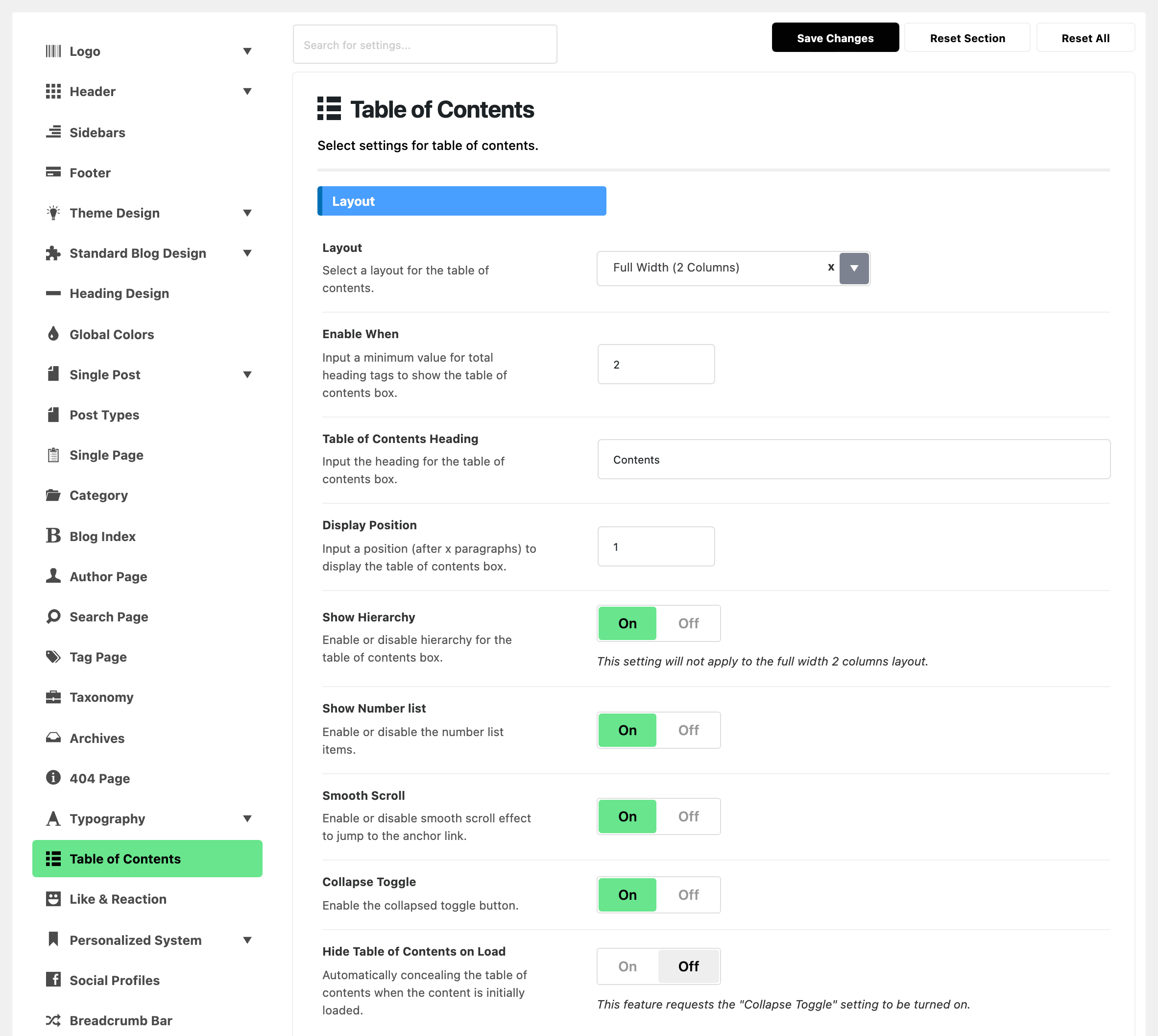 Theme Options with Table of Contents highlighted in the section list, beside the Layout group of that panel: Layout on Full Width (2 Columns), Enable When 2, Table of Contents Heading Contents, Display Position 1, Show Hierarchy, Show Number list, Smooth Scroll and Collapse Toggle on, Hide Table of Contents on Load off