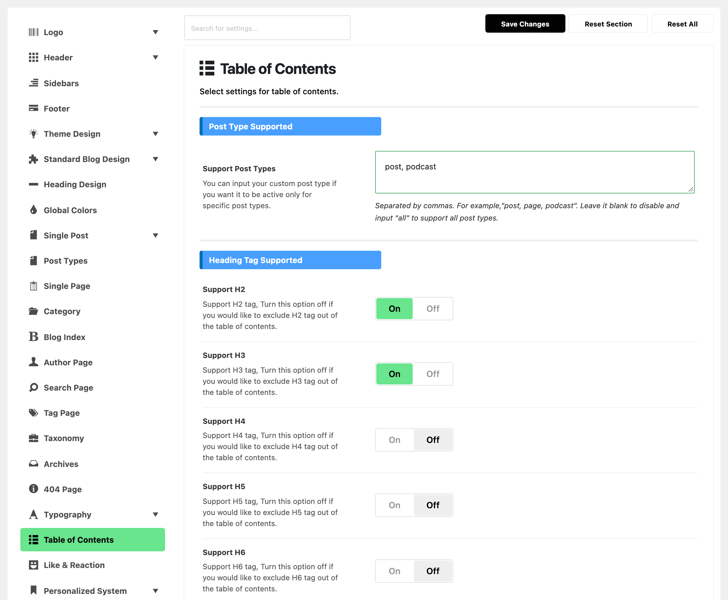 Theme Options with Table of Contents highlighted in the section list, beside the Post Type Supported group with post, podcast in Support Post Types and the Heading Tag Supported group with Support H2 and Support H3 on and Support H4 to Support H6 off