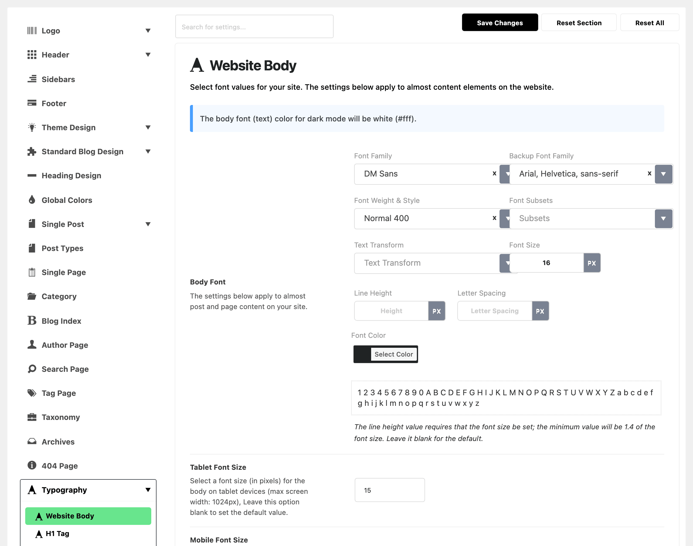 Theme Options with Typography expanded in the section list and Website Body highlighted, beside the Website Body panel: the dark mode note, the Body Font control set to DM Sans, Normal 400 at 16px, and Tablet Font Size at 15