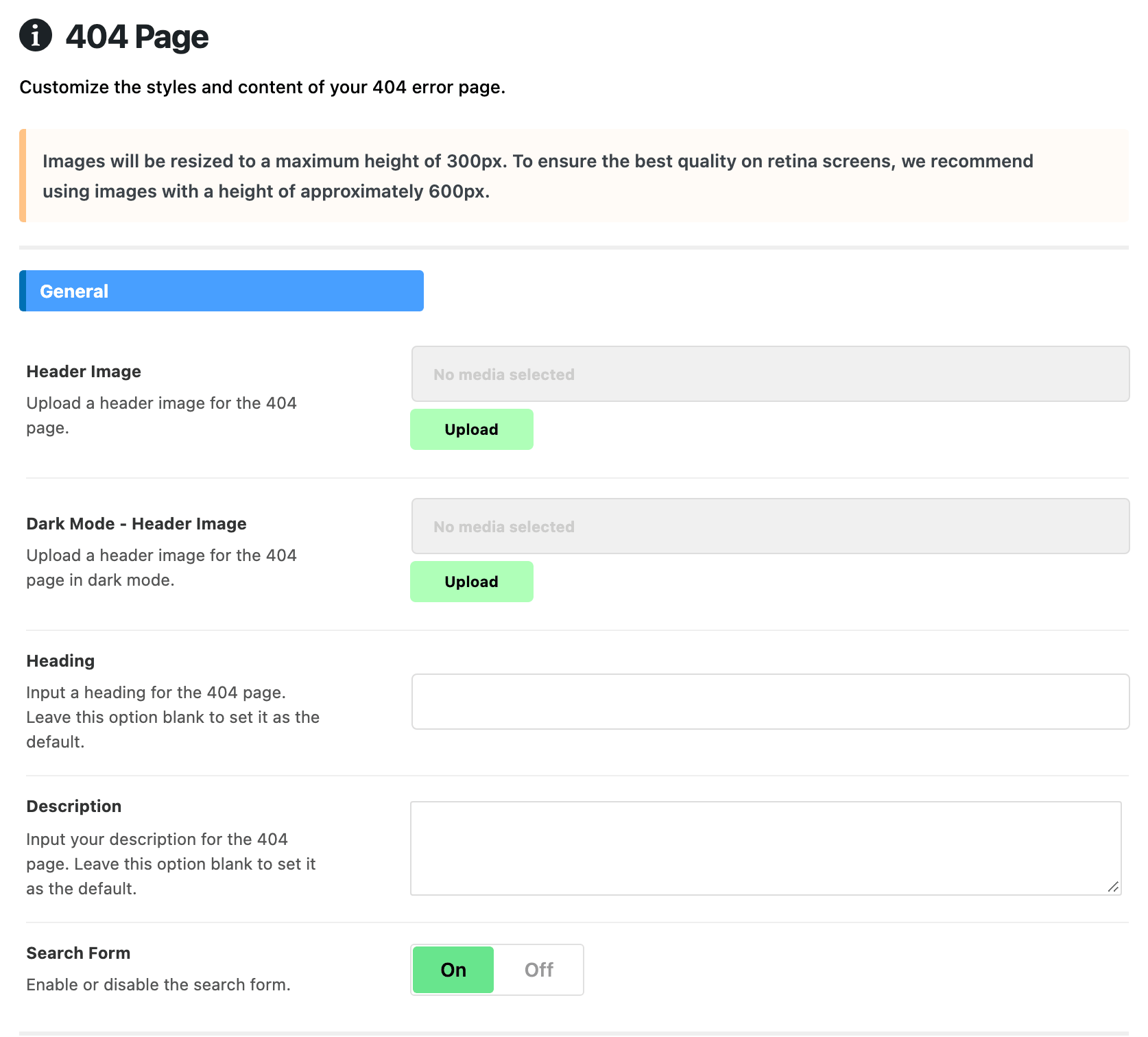 The top of Theme Options > 404 Page: the notice about images about 600px tall, then the General group with Header Image and Dark Mode - Header Image empty, Heading and Description blank, and Search Form on