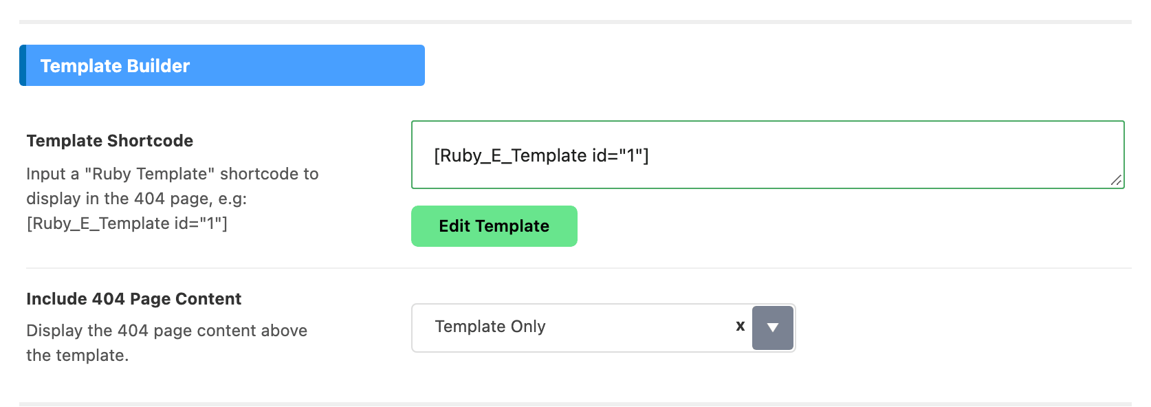 The Template Builder group of Theme Options > 404 Page, with an example Ruby Template shortcode typed into Template Shortcode, an Edit Template button under it, and Include 404 Page Content on Template Only