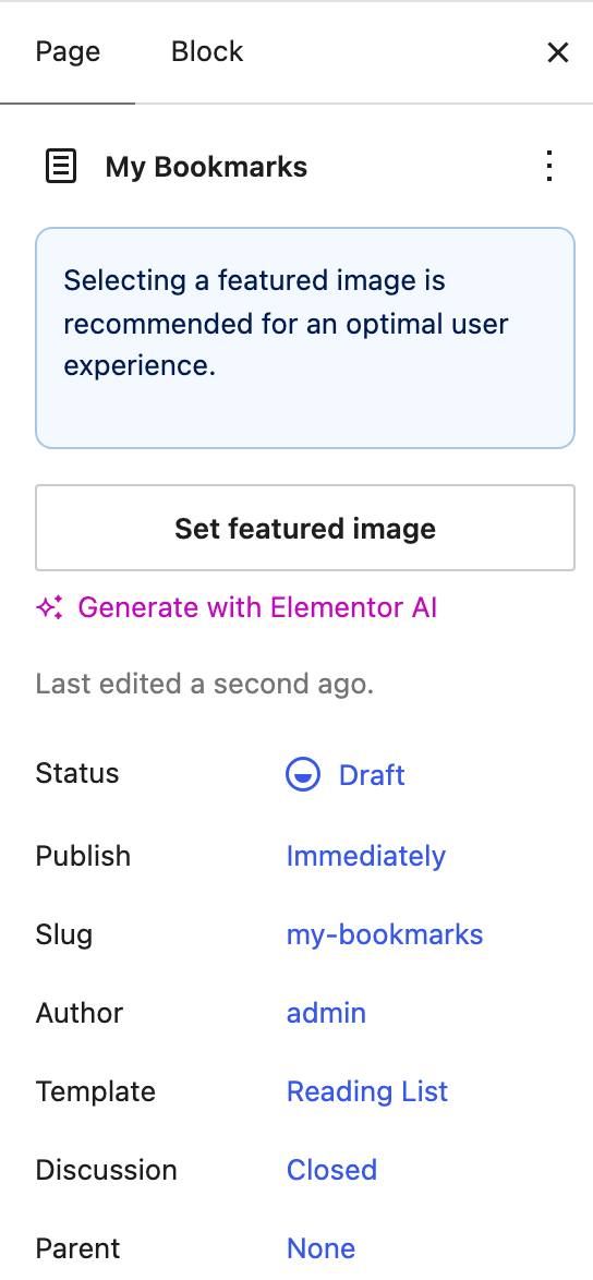 The Page sidebar of the block editor on a new page named My Bookmarks, with the Template row reading Reading List
