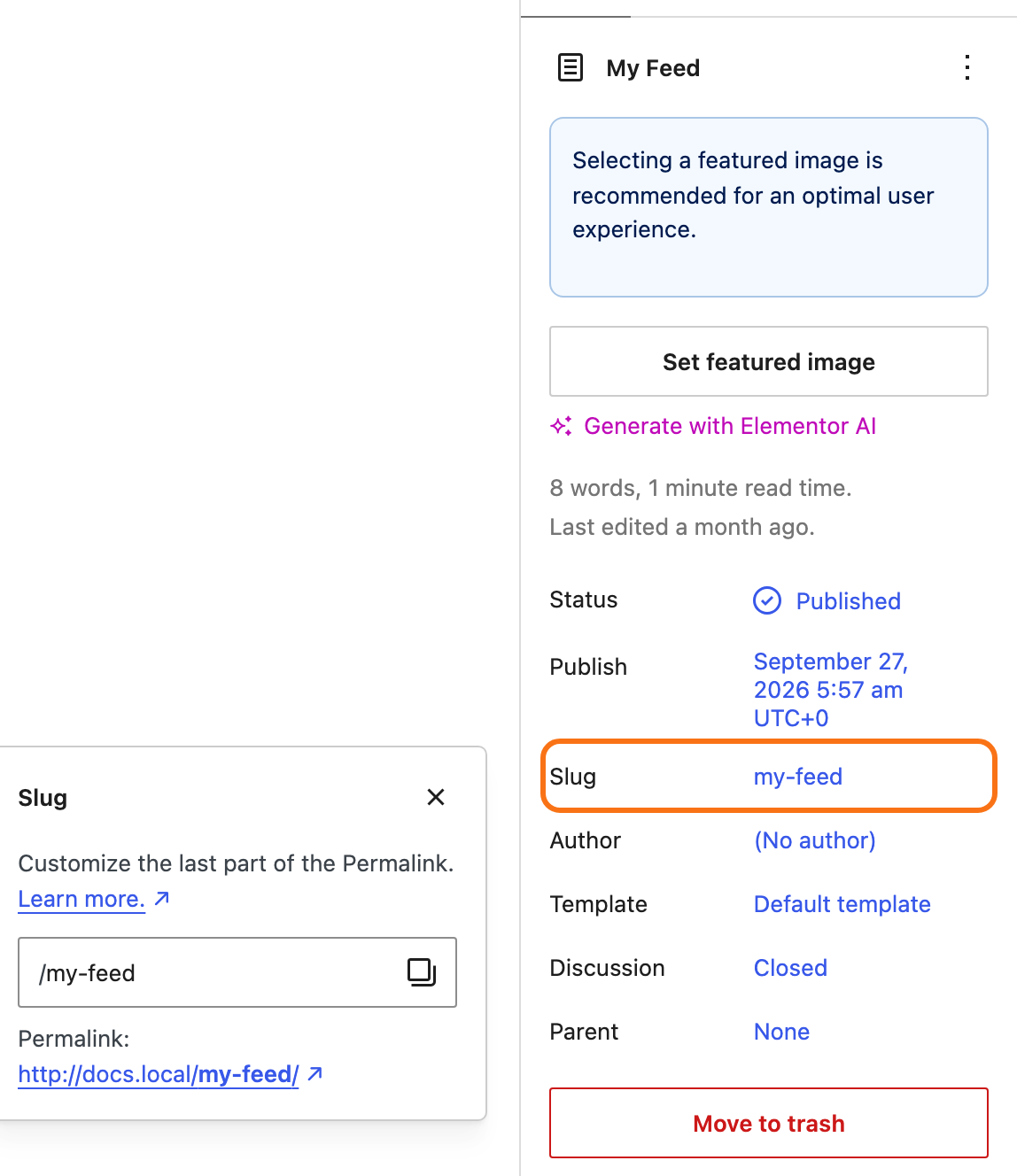 The block editor's Page panel for the My Feed page: the Slug row outlined in orange, clicked open on its Slug popover showing the permalink, a URL ending in /my-feed/.