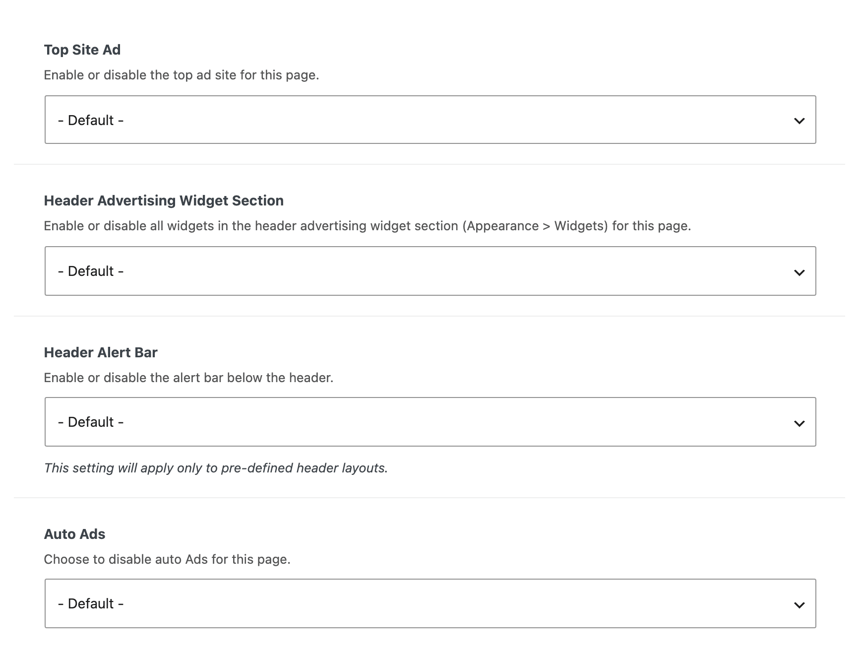 Single Page Settings > Ads on a page, carrying Top Site Ad, Header Advertising Widget Section, Header Alert Bar and Auto Ads