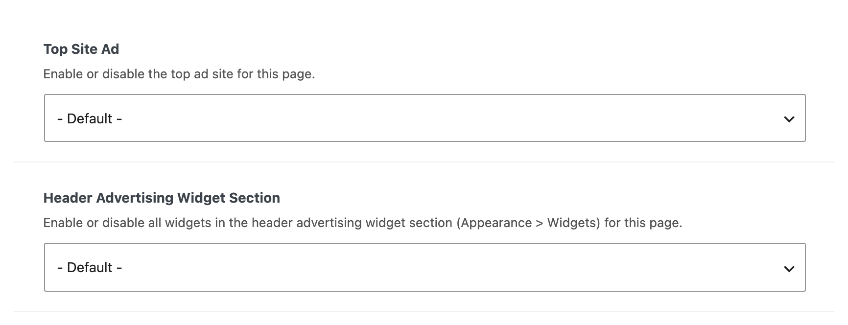 Top Site Ad and Header Advertising Widget Section on the Ads tab of Single Page Settings, both on - Default -