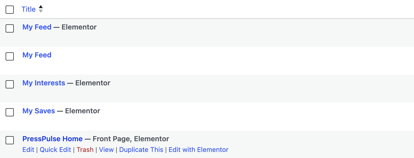 Pages > All Pages with the homepage labelled Front Page and its Edit with Elementor link