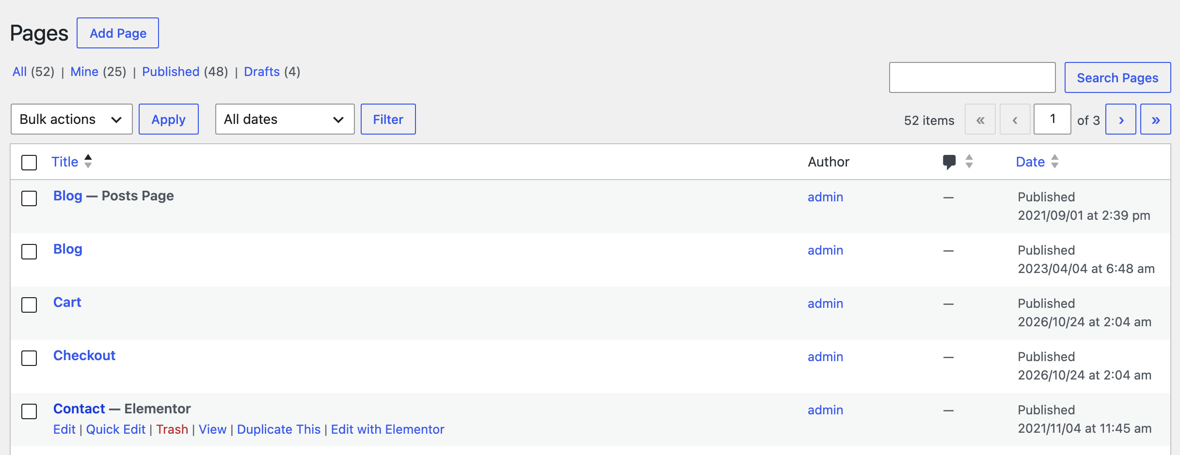 Pages > All Pages sorted by title, with the pointer on Contact and its row actions showing: Edit, Quick Edit, Trash, View, Duplicate This and Edit with Elementor