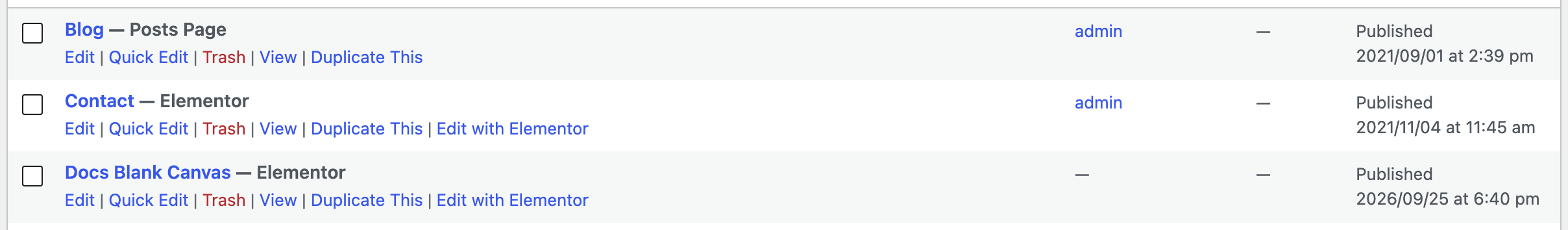 Three rows of the All Pages list, each with a Duplicate This link among its row actions