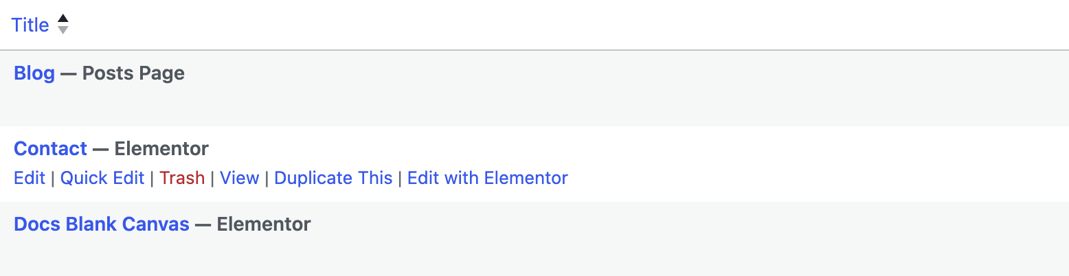 The Title column of Pages > All Pages, with the Edit, Quick Edit, Trash, View, Duplicate This and Edit with Elementor links showing under Contact