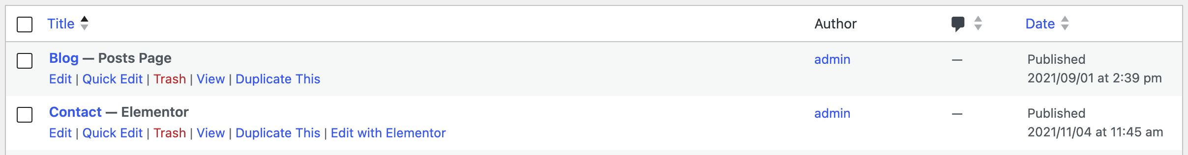 A row on Pages > All Pages with its row actions showing, Edit beside Edit with Elementor