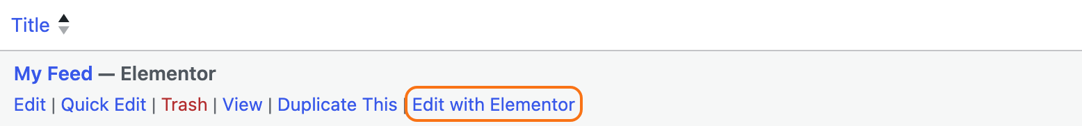 Pages > All Pages with the My Feed row's actions showing, and its Edit with Elementor link outlined in orange