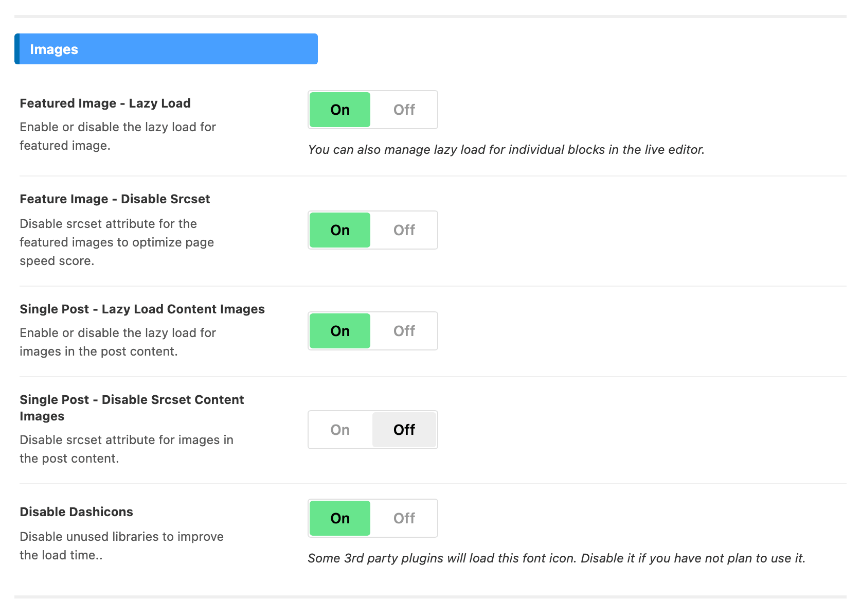 The Images section of Theme Options > Performance, with its five switches and the default state of each