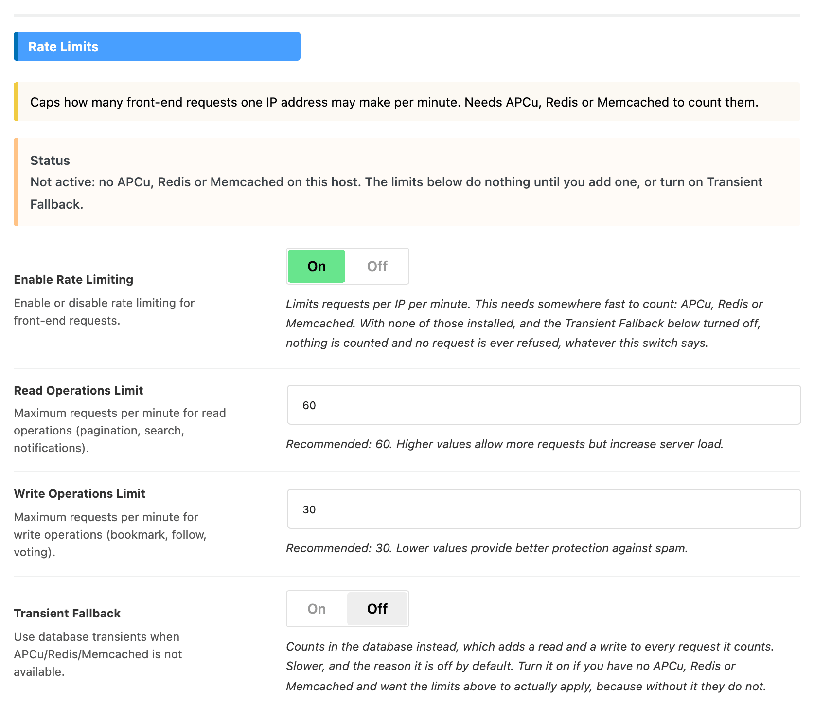 The Rate Limits section, with its Status notice reporting no APCu, Redis or Memcached, Enable Rate Limiting on, the two operation limits, and Transient Fallback off