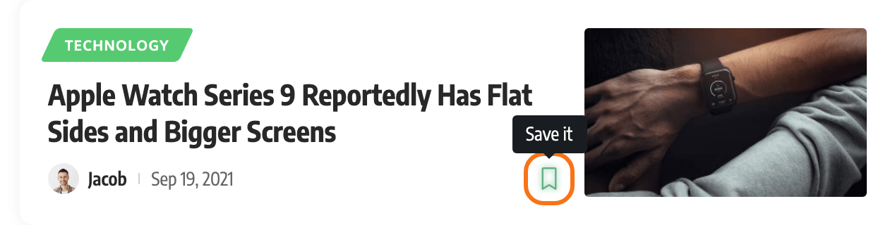 A post card on the Default demo home page with the pointer on its bookmark icon: the icon at the end of the meta row, outlined in orange, with its Save it tooltip above it