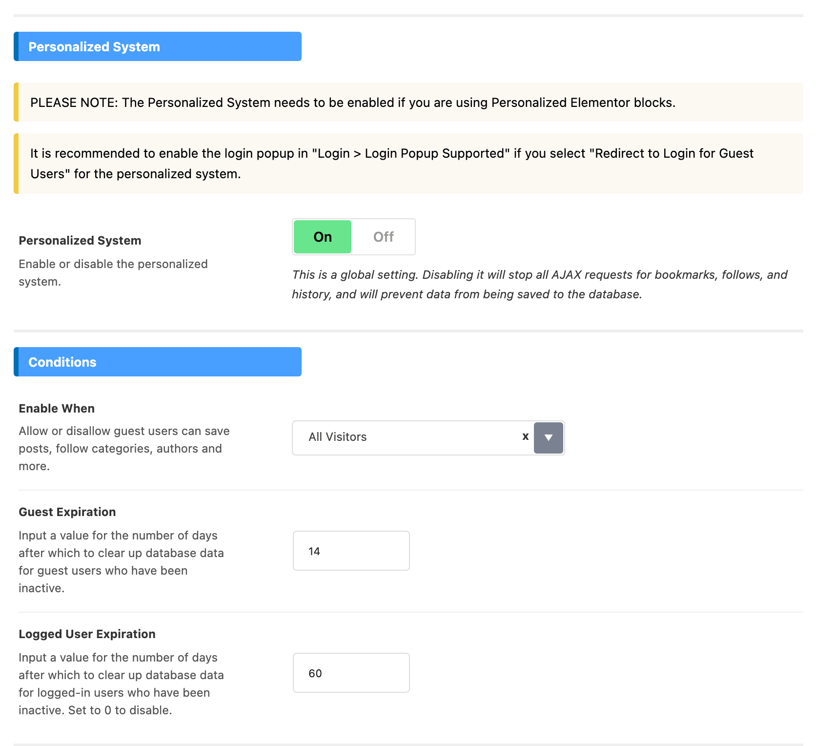 The Global subsection of Theme Options > Personalized System: the notice saying the Personalized System has to be enabled for Personalized Elementor blocks, the Personalized System switch, and the Conditions group with Enable When, Guest Expiration and Logged User Expiration