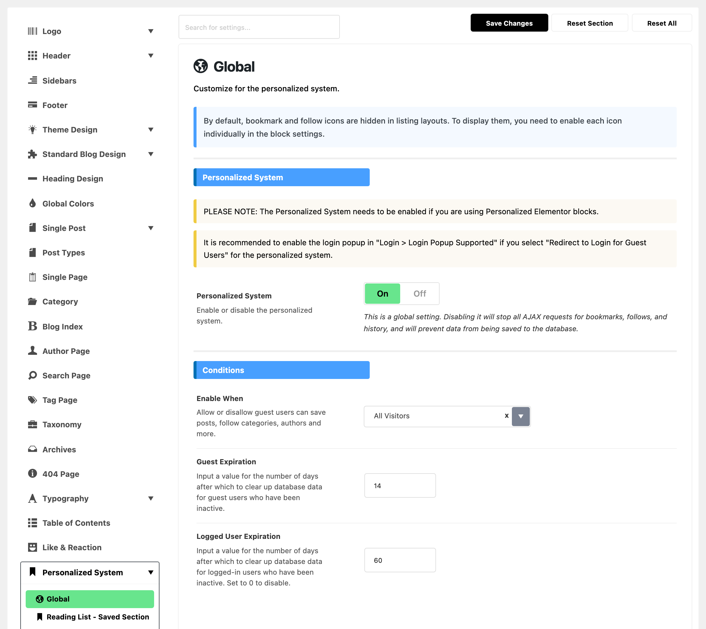 Theme Options with Personalized System open and Global highlighted in the section list, beside the Global subsection: the notice that bookmark and follow icons stay hidden in listings until each block turns them on, the Personalized System switch on, and the Conditions group with Enable When on All Visitors, Guest Expiration 14 and Logged User Expiration 60