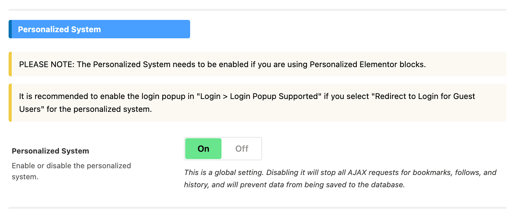 The Personalized System switch at the top of Theme Options > Personalized System > Global