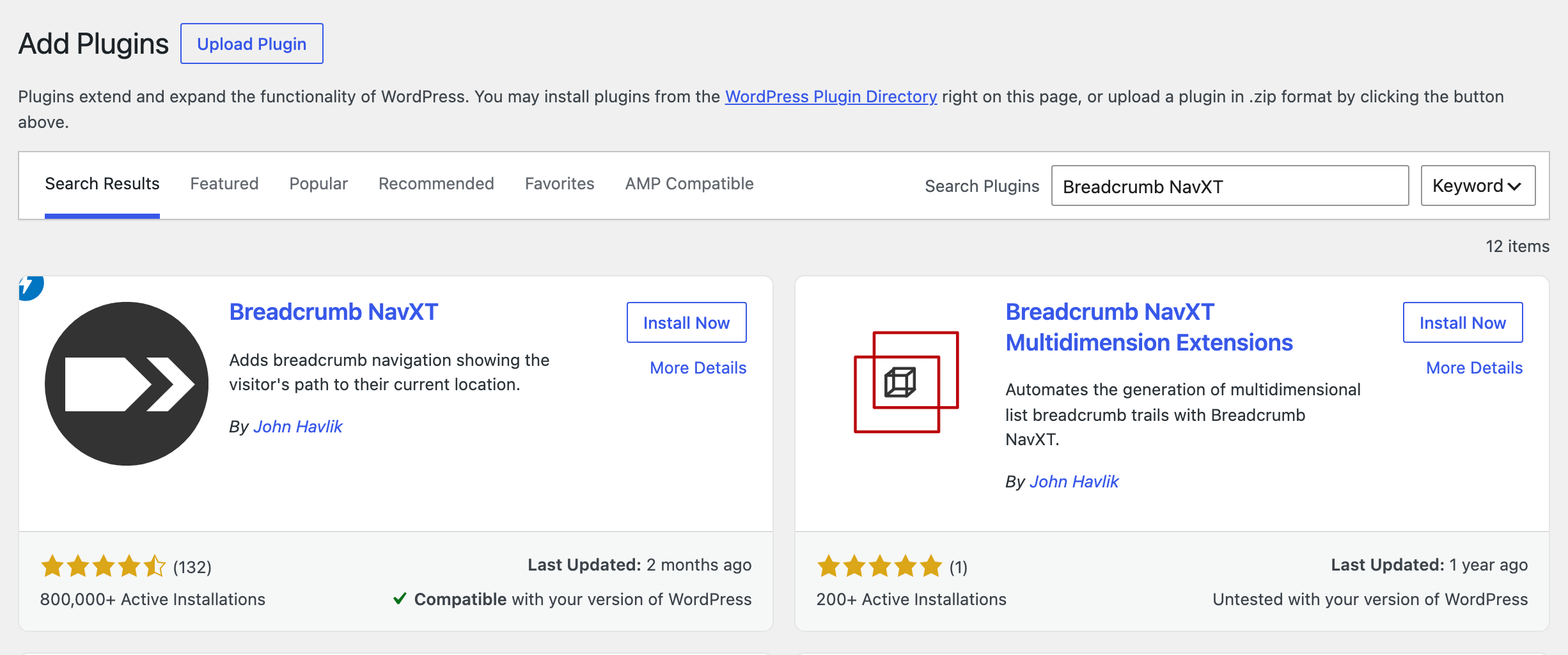 Plugins > Add Plugin with Breadcrumb NavXT typed into Search Plugins and its result card with the Install Now button