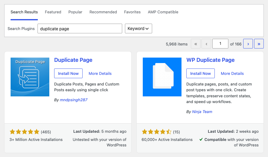 The plugin search results with Install Now beside Duplicate Page