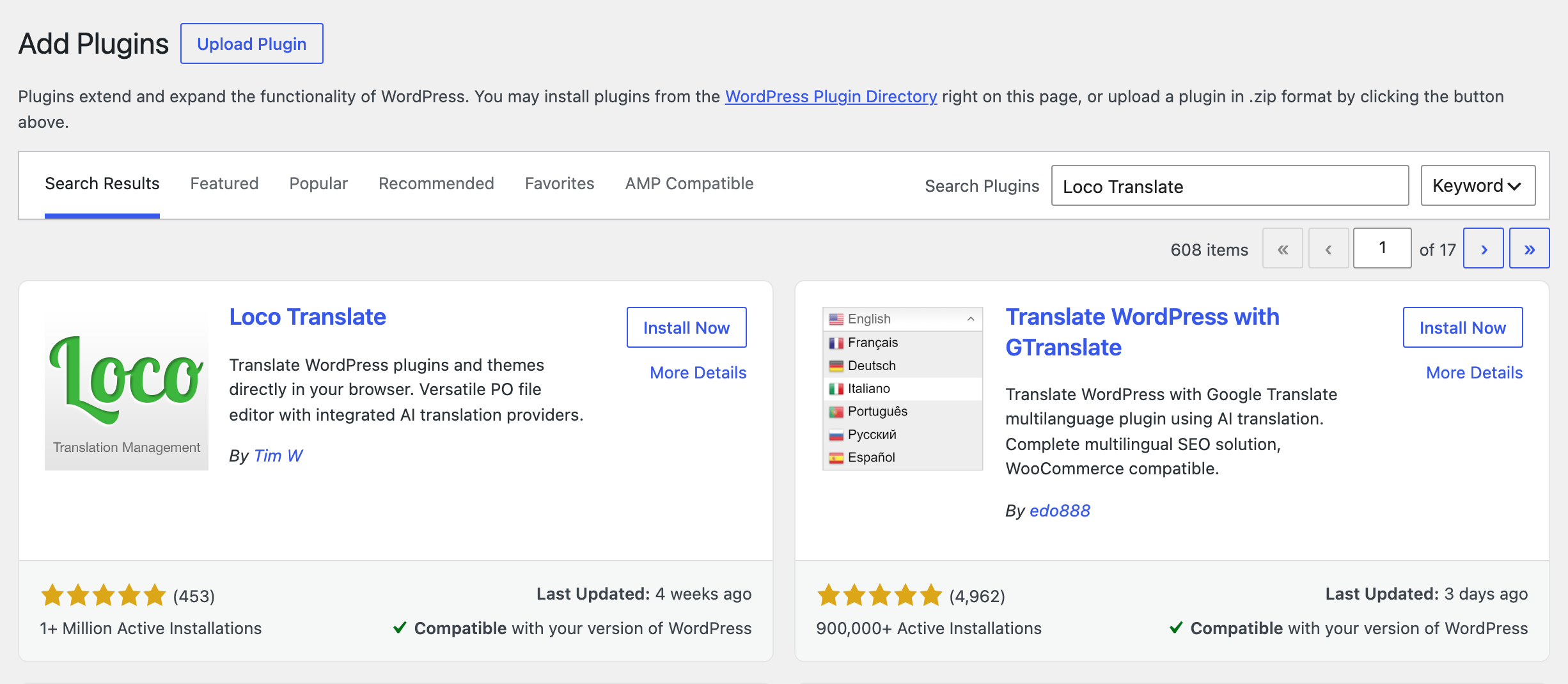 Plugins > Add Plugin with Loco Translate typed into Search Plugins and the Install Now button on its card