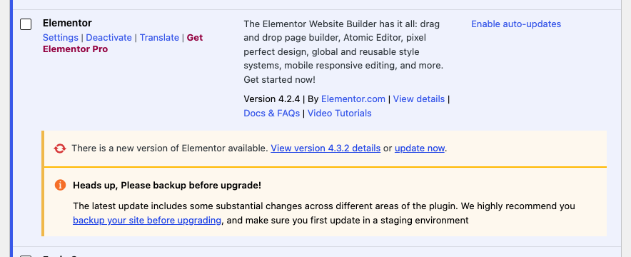 The Elementor row on Plugins > Installed Plugins with its update notice