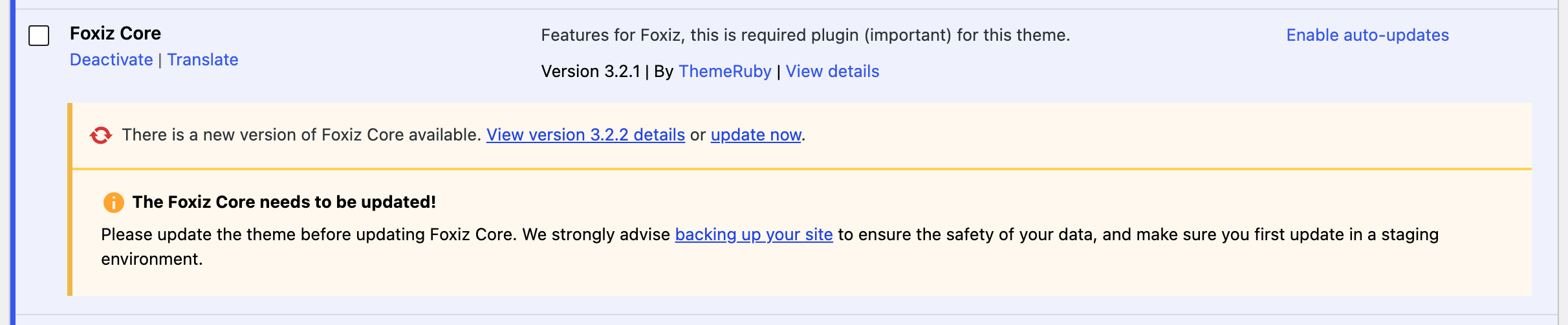 The Foxiz Core row on Plugins > Installed Plugins with its update notice: there is a new version available, with an update now link