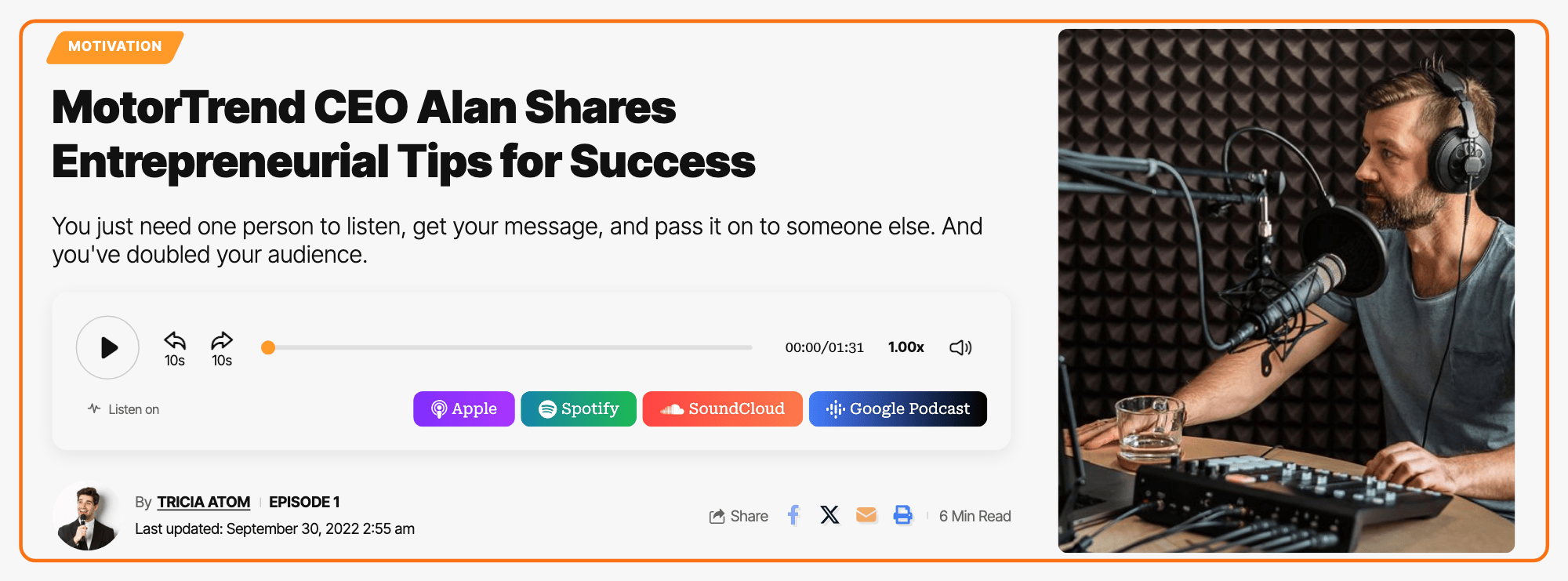 An episode page in Layout 1 on the Foxiz Podcasts demo: the title and audio player on the left and the episode image on the right, outlined in orange
