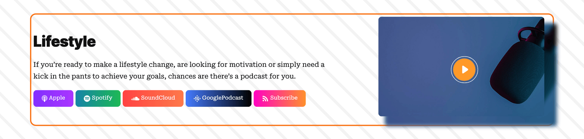 The show header of the Lifestyle show on the Foxiz Podcasts demo, in Layout 1 with a diagonal pattern, outlined in orange