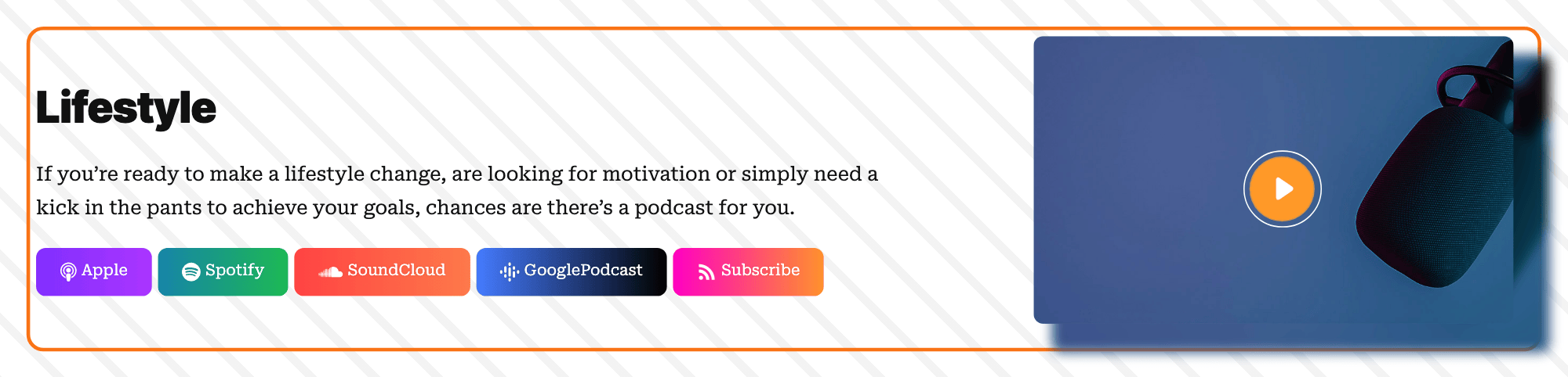 The Layout 2 header of the Lifestyle show on a diagonal stripe pattern, outlined in orange: the show title, its description, Listen on buttons for Apple, Spotify, SoundCloud and GooglePodcast, the RSS Subscribe button, and the show image with a play button on the right
