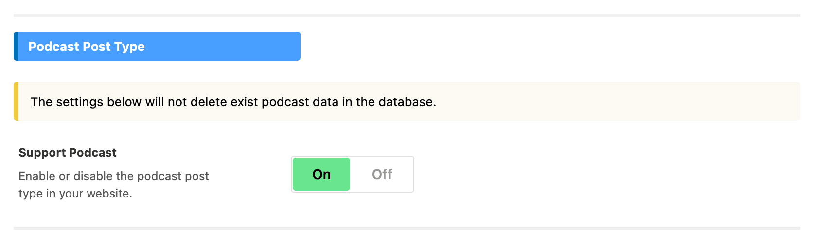 The Support Podcast switch on Theme Options > Ruby Podcast > General